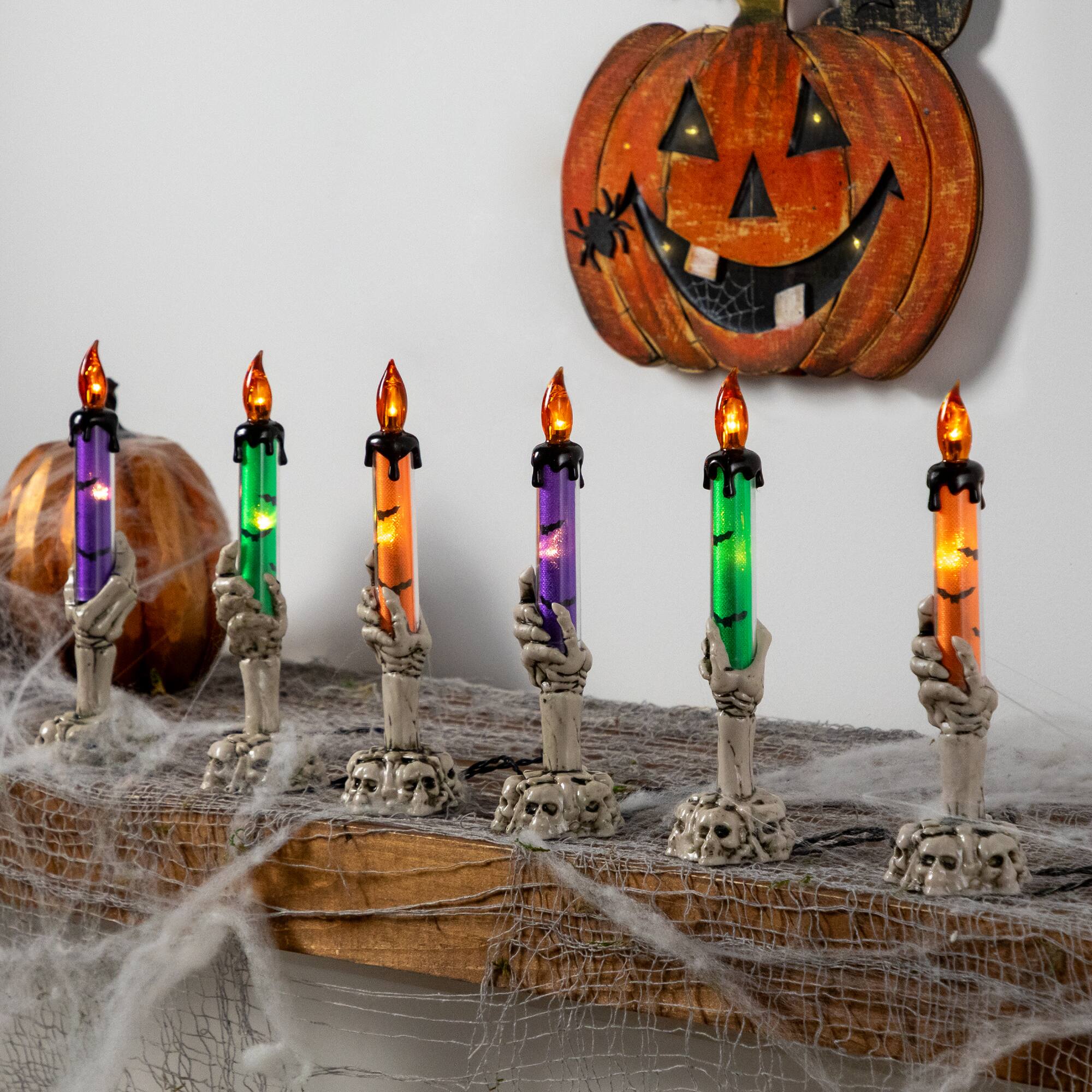 Front. Northlight - LED Lighted Skeleton Candle Halloween Decorations – 8.75' - Set of 6 - Multi.