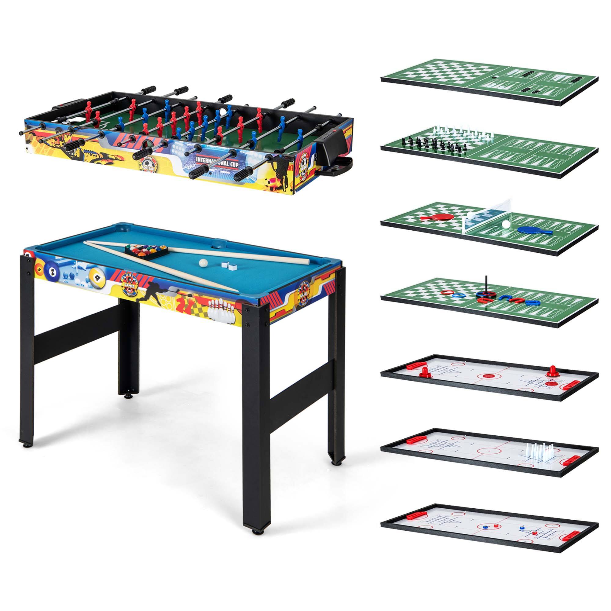 The image shows a table with a soccer game on it. The table has a soccer game board and several soccer figures, including a goalie, players, and a ball. The table is also accompanied by a set of instructions for playing the game. The soccer game is designed for two to four players, making it a fun and engaging activity for people of all ages.