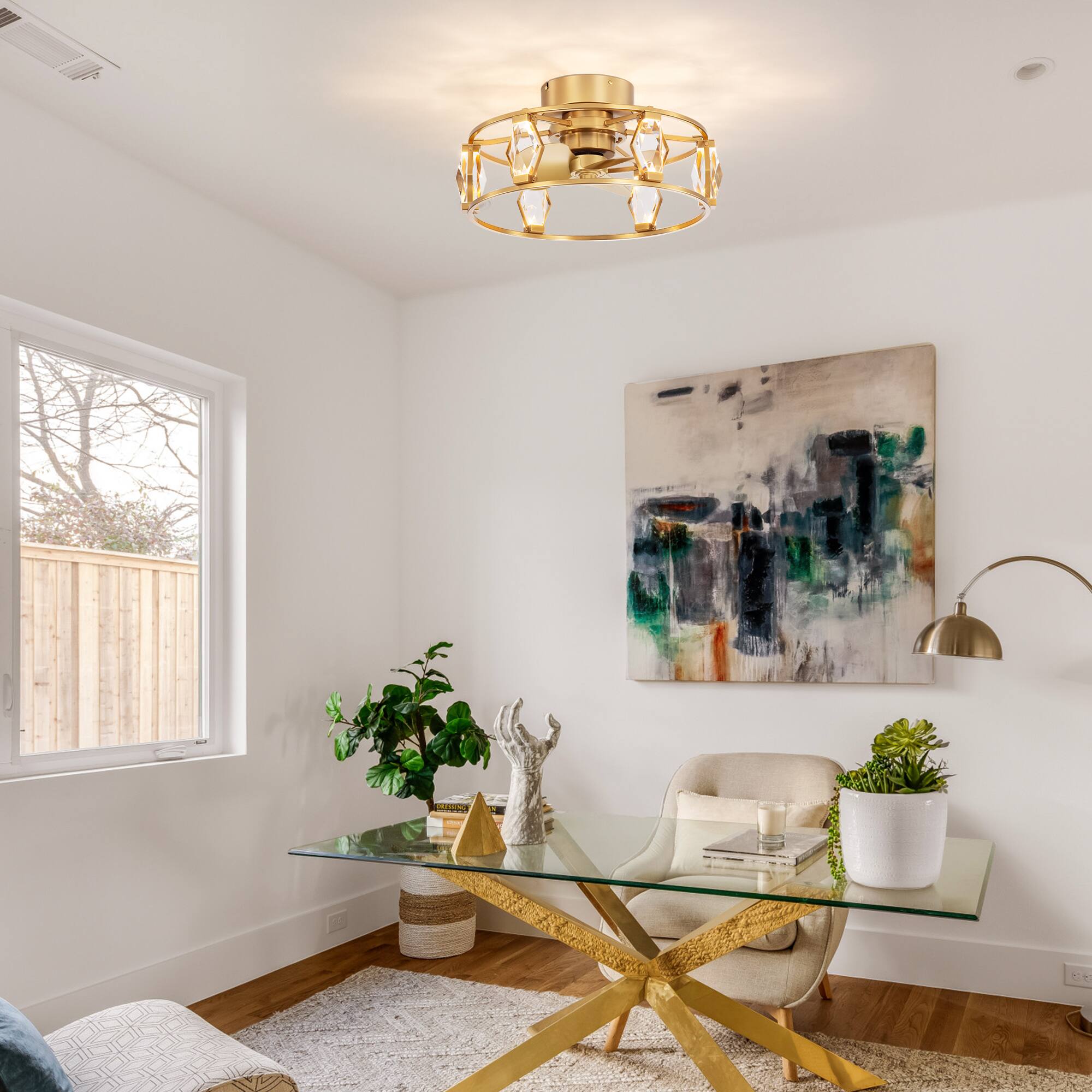 Back. Breezary - 20-Inch Indoor Flush Mount Caged Ceiling Fan with 3 ABS Blades, DC Motor, 6-Speed Remote Control, Timer, Modern Design - Antique Brass with Gold-Copper.