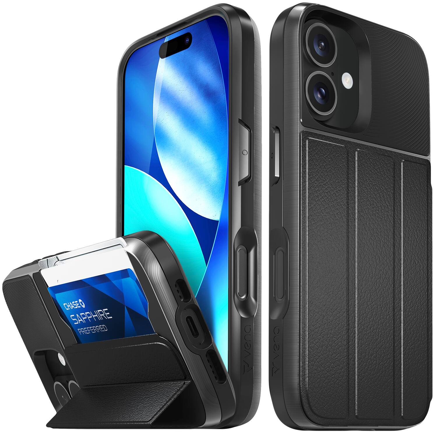 Vena - vCommute For Apple iPhone 17 Case Wallet, Case with Stand Leather Card Holder Military Grade Drop Protection - Black