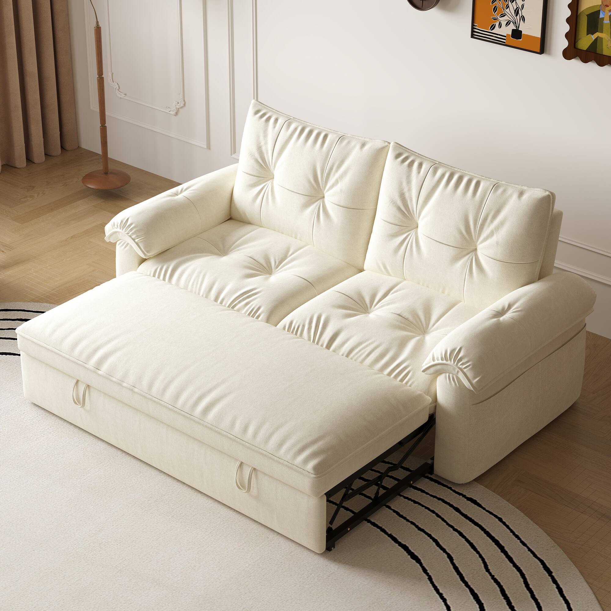 Left. luck idea - 68.89" Modern Sleeper Sofa Bed, Iron & Wood Framed Couch with High-Density Foam Cushions (Mattress Included) - white.