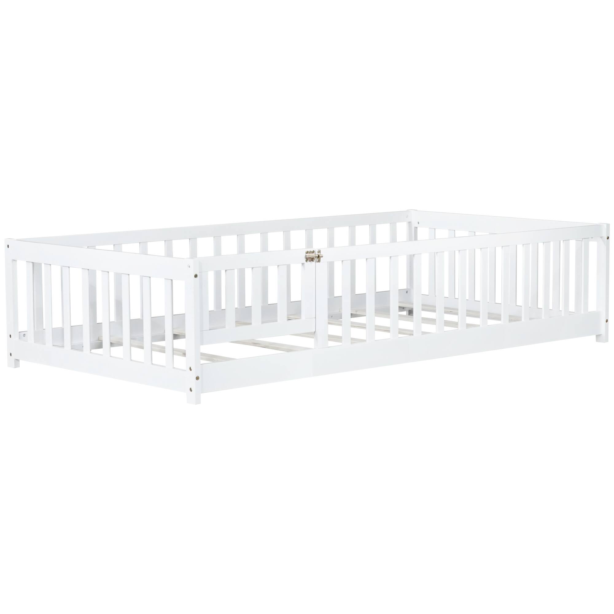 Alt View 4. GOODSILO - Twin Size Low-Profile Children's Floor Bed with Safety Guardrails and Entry Door, Natural Wood Finish - White.