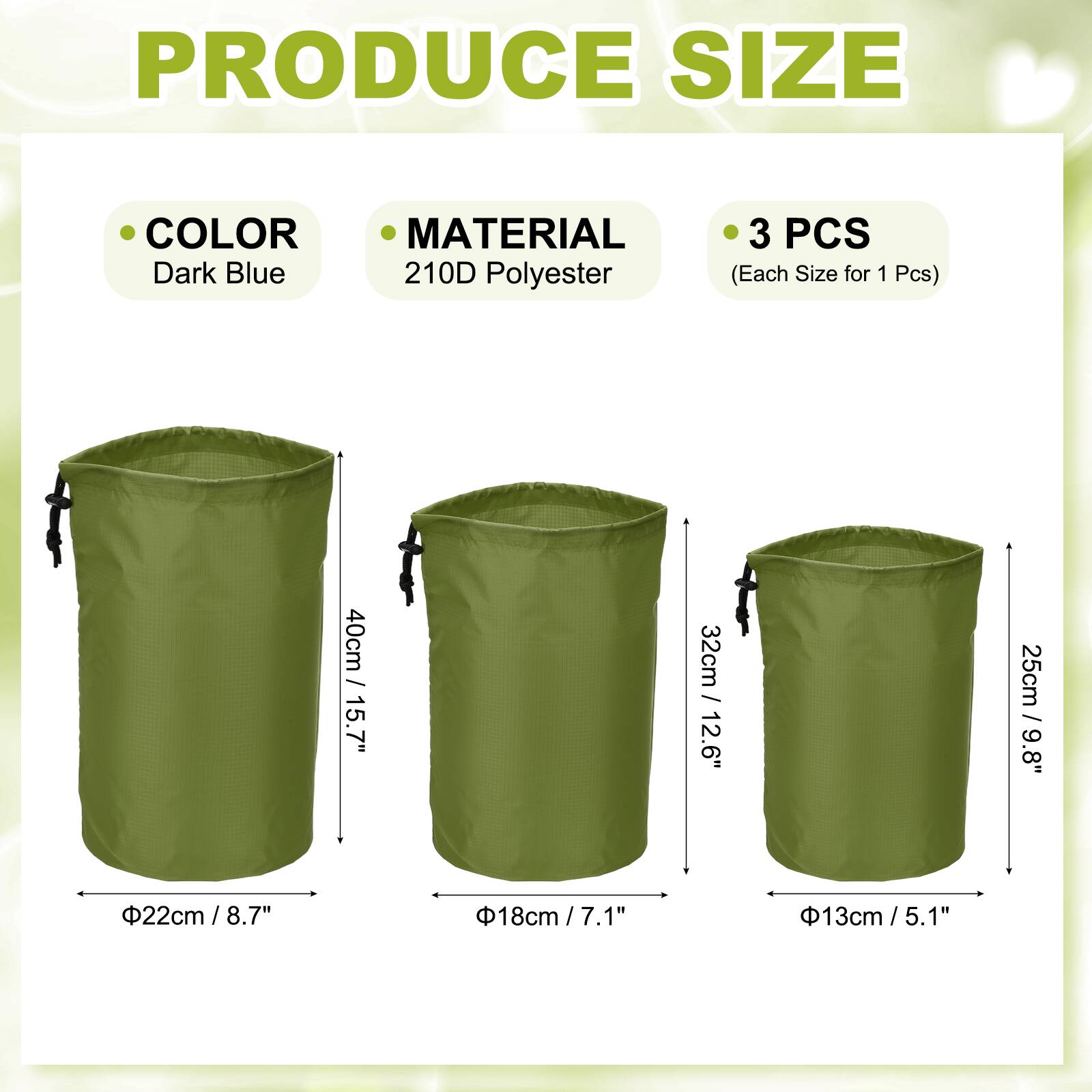 PRODUCE SIZE

- COLOR: Dark Blue
- MATERIAL: 210D Polyester
- 3 PCS (Each Size for 1 Pcs)

- 40cm / 15.7"
- 32cm / 12.6"
- 25cm / 9.8"

- Ø22cm / 8.7"
- Ø18cm / 7.1"
- Ø13cm / 5.1"