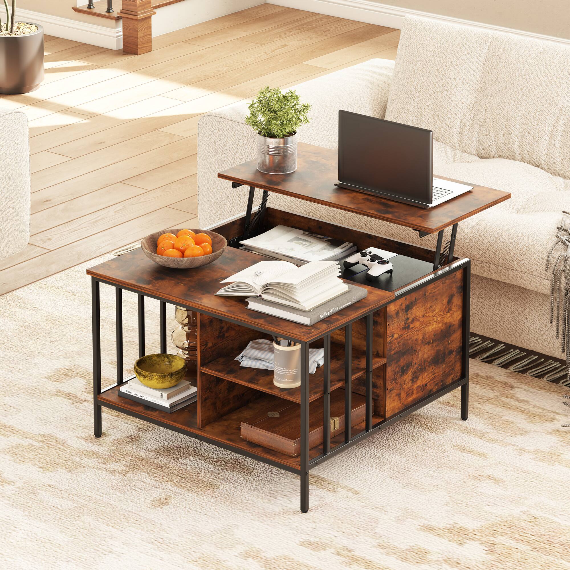 Alt View 9. Ecooso - Coffee Table Lift-Top Design with Storage and Shelves, Farmhouse Style Multifunctional Table for Living Room - Black+Brown.