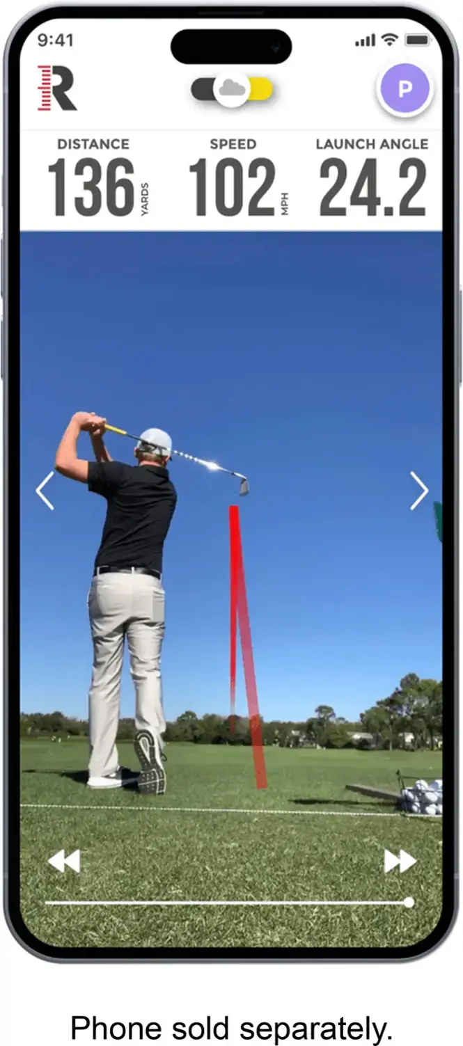 The image shows a man swinging a golf club on a green field. The text at the top of the image reads "R DISTANCE 136 YARDS P SPEED LAUNCH ANGLE 102 MPH 24.2". The text at the bottom of the image reads "Phone sold separately."