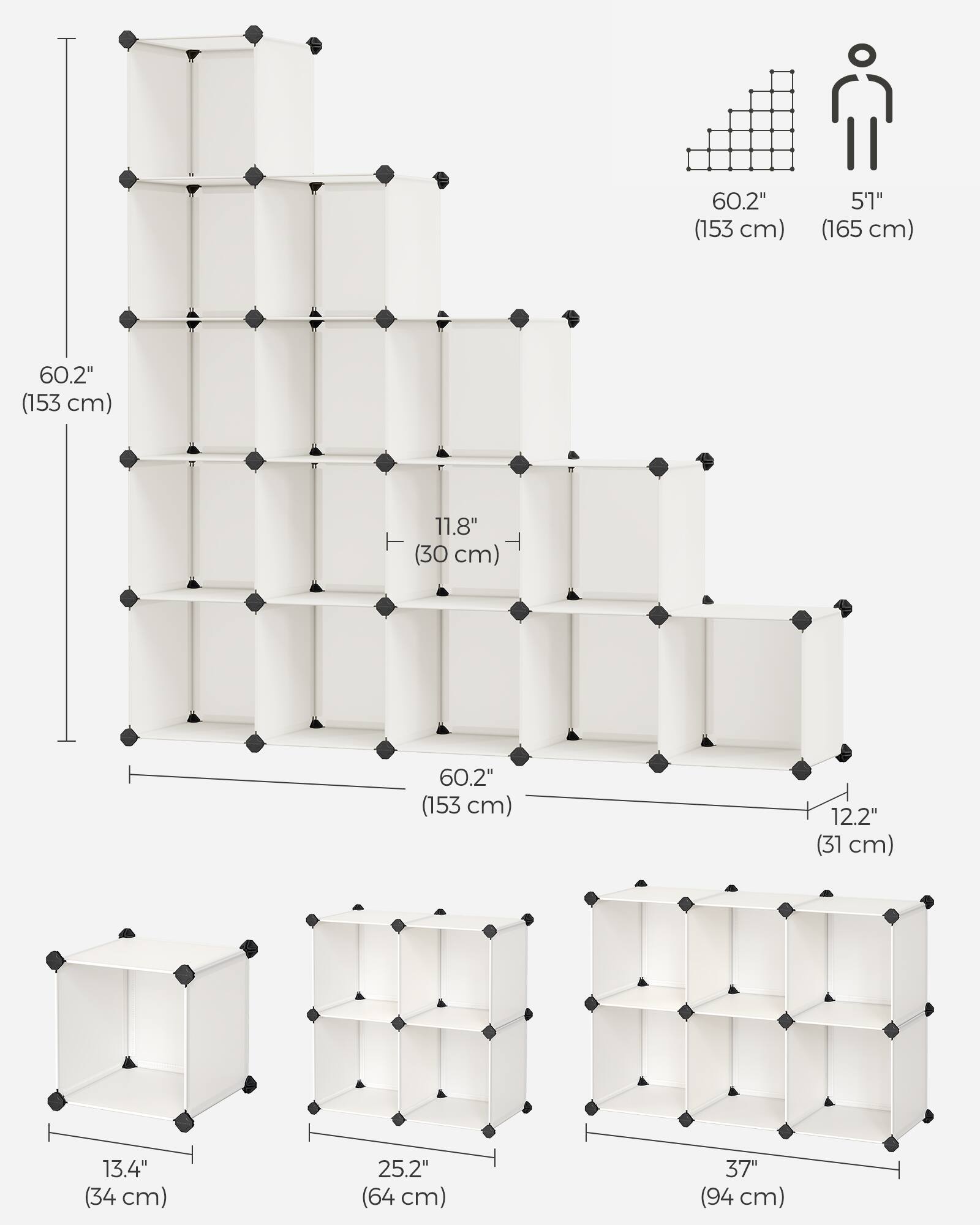 60.2" (153 cm)  
51" (165 cm)  
11.8" (30 cm)  
12.2" (31 cm)  
13.4" (34 cm)  
25.2" (64 cm)  
37" (94 cm)