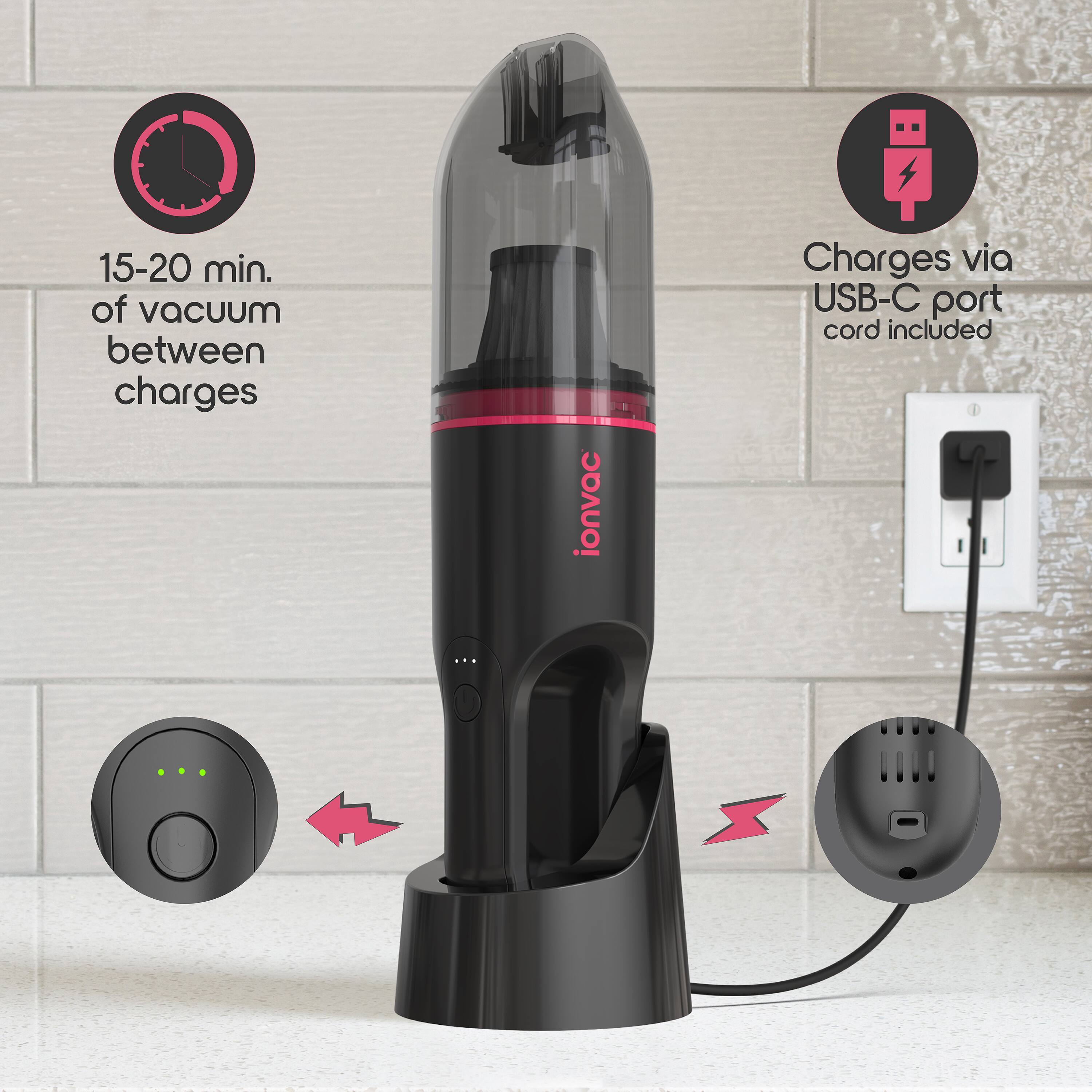 15-20 min. of vacuum between charges  
Charges via USB-C port  
cord included