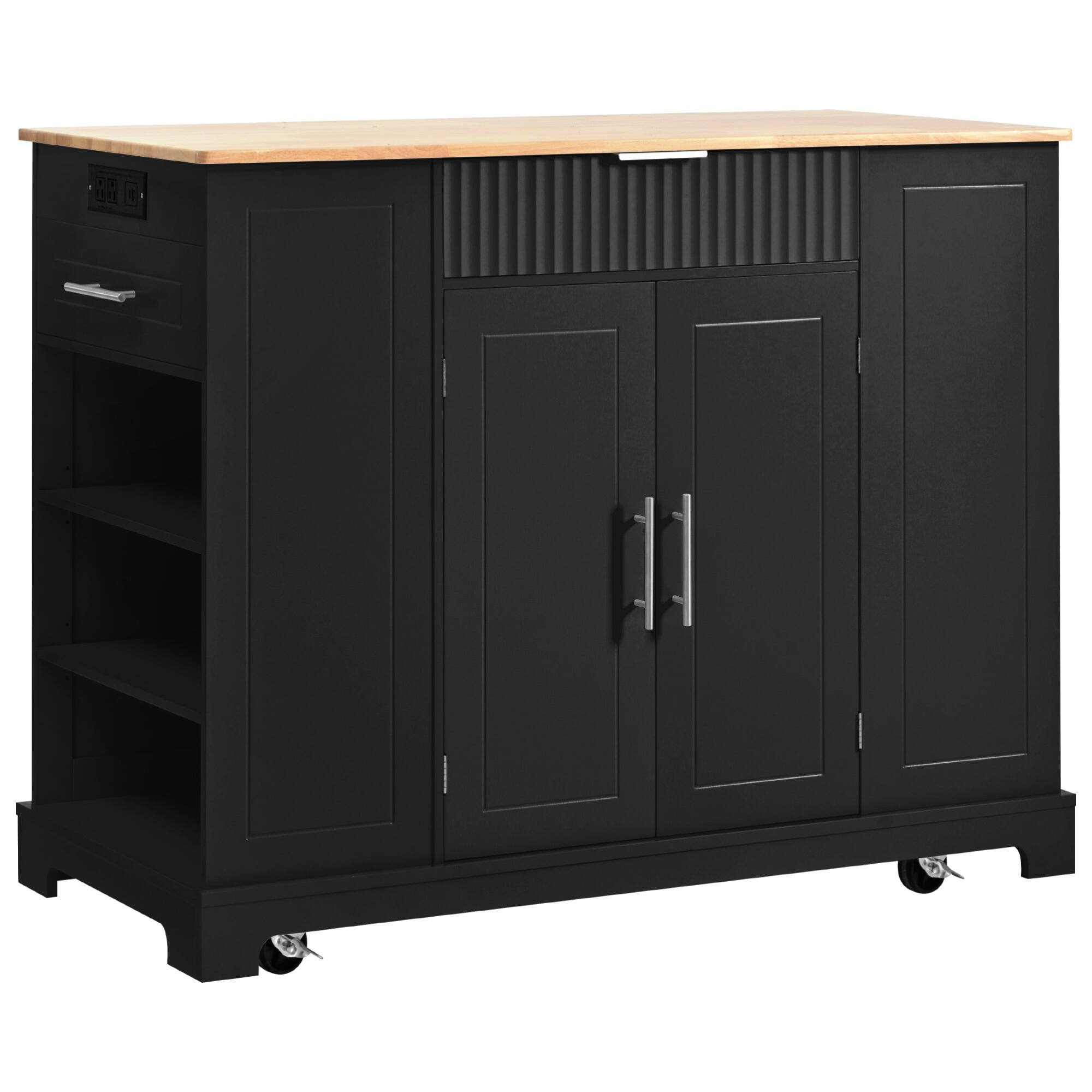 Alt View 9. ELEMENT ACE - Fluted Kitchen Island with Trash Storage, Power Outlet, Adjustable Shelves, and Mobile Design for Modern Kitchens - Black.