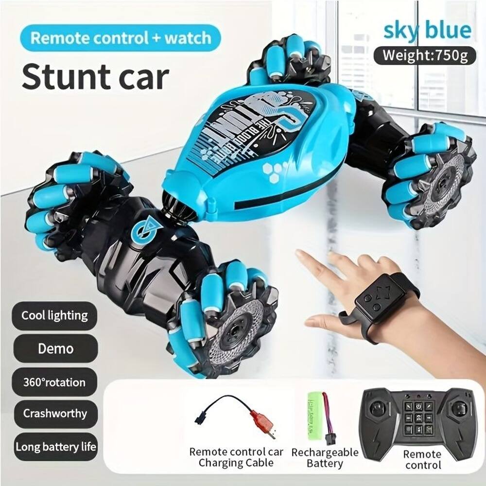Remote control + watch  
Stunt car  
sky blue  
Weight: 750g  

Cool lighting  
Demo  
360° rotation  
Crashworthy  
Long battery life  

Remote control car  
Rechargeable Battery  
Charging Cable  
Remote control