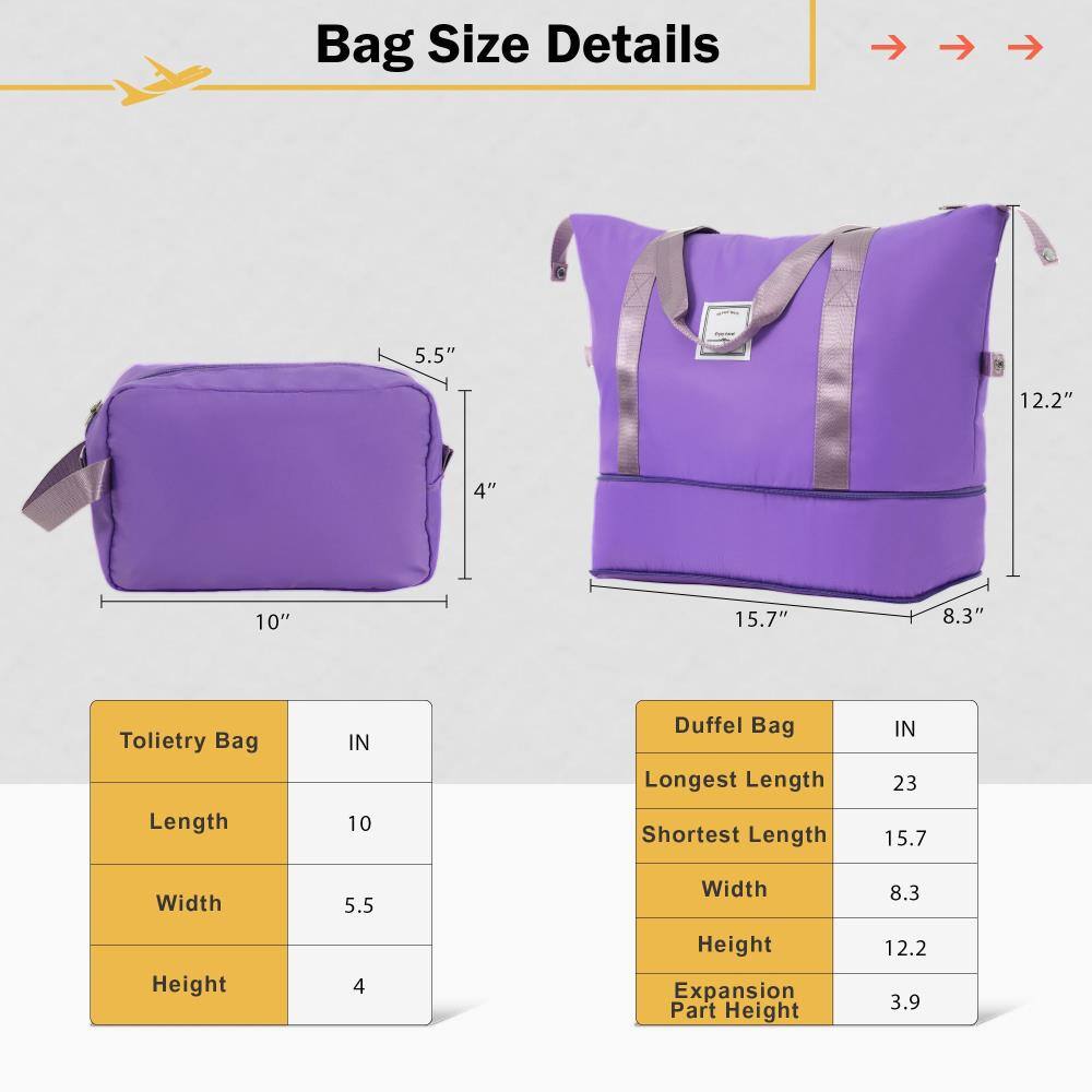 Bag Size Details

Toilet Bag
- Length: 10 IN
- Width: 5.5 IN
- Height: 4 IN

Duffel Bag
- Longest Length: 23 IN
- Shortest Length: 15.7 IN
- Width: 8.3 IN
- Height: 12.2 IN
- Expansion Part Height: 3.9 IN