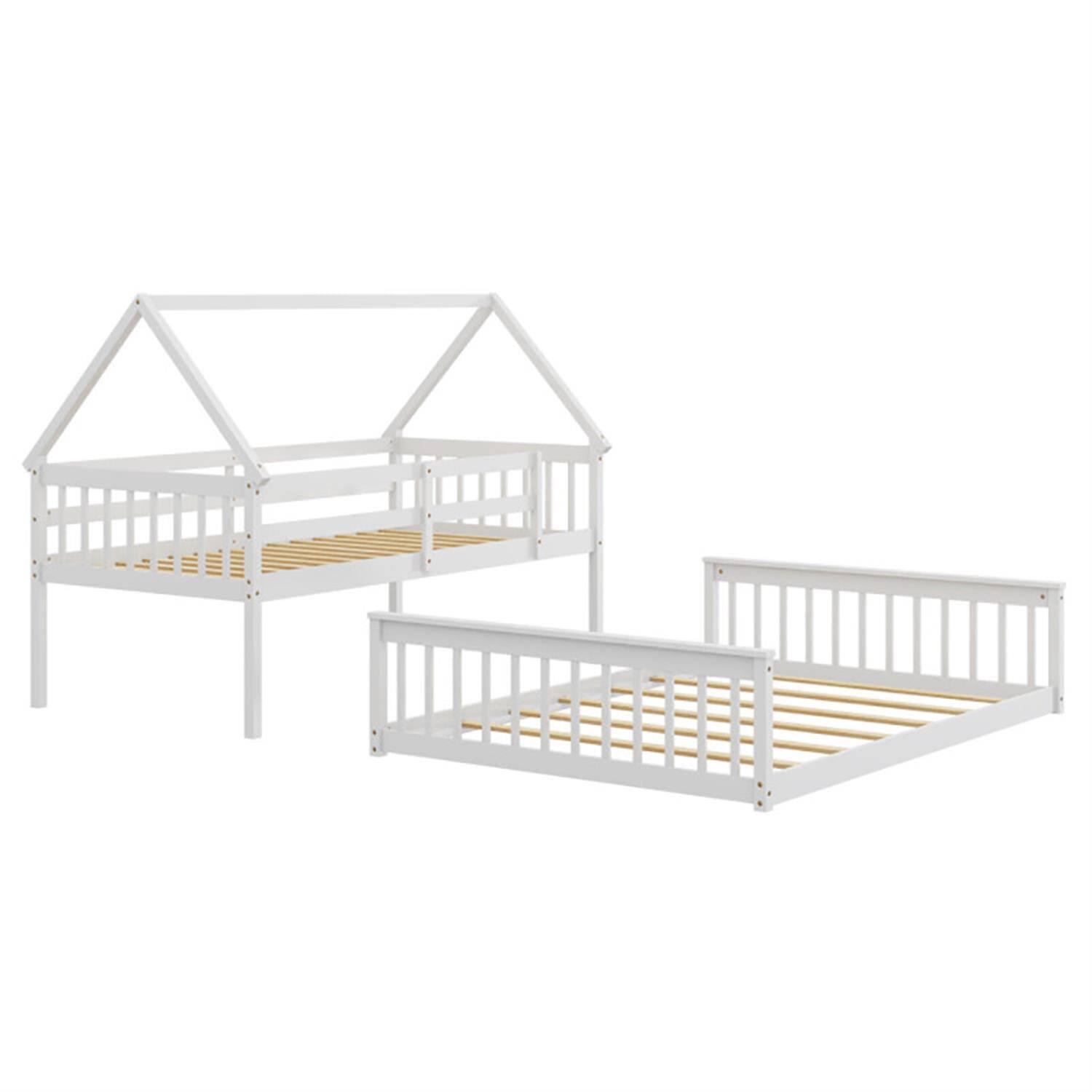 Alt View 5. Pefilos - Twin Over Full Bunk Bed with Ladder and Guardrails, House Twin Bunk Beds, Bed Frame - White.