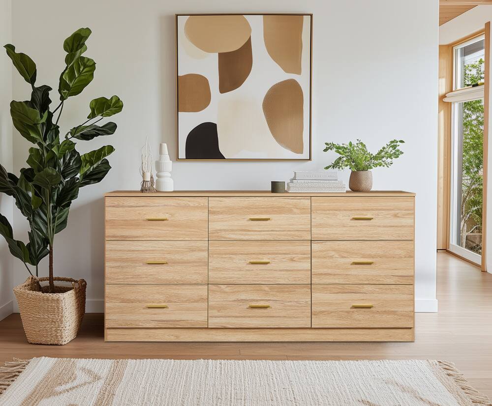 Back. Spaco - Spaco Modern 9-Drawer Dresser with Golden Handles, Waterproof Surface for Bedroom, Living Room - Natural.