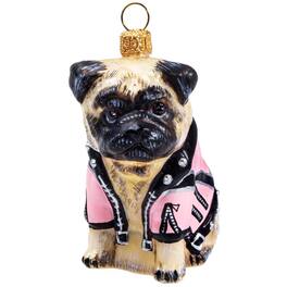 Joy to the World Collectibles - Joy to the World Pug with Pink Motorcycle Jacket Polish Glass Dog Christmas Ornament - Fawn