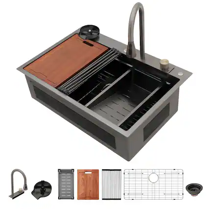 Front. Lordear - 33x22 in. Drop-In Single Bowl 16-Gauge Stainless Steel Gunmetal Black Workstation Waterfall Kitchen Sink with Faucet - Gunmetal Black.