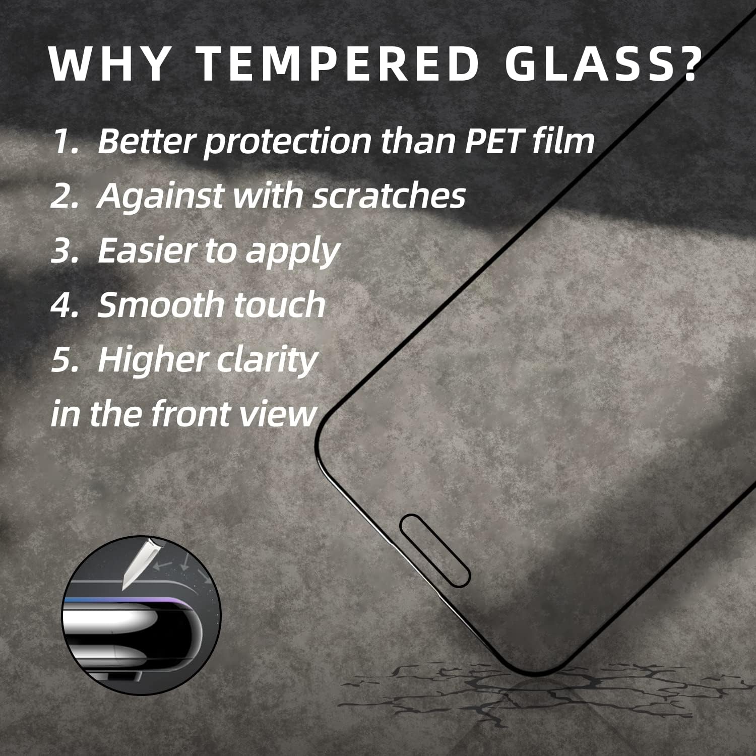 WHY TEMPERED GLASS?

1. Better protection than PET film
2. Against scratches
3. Easier to apply
4. Smooth touch
5. Higher clarity in the front view