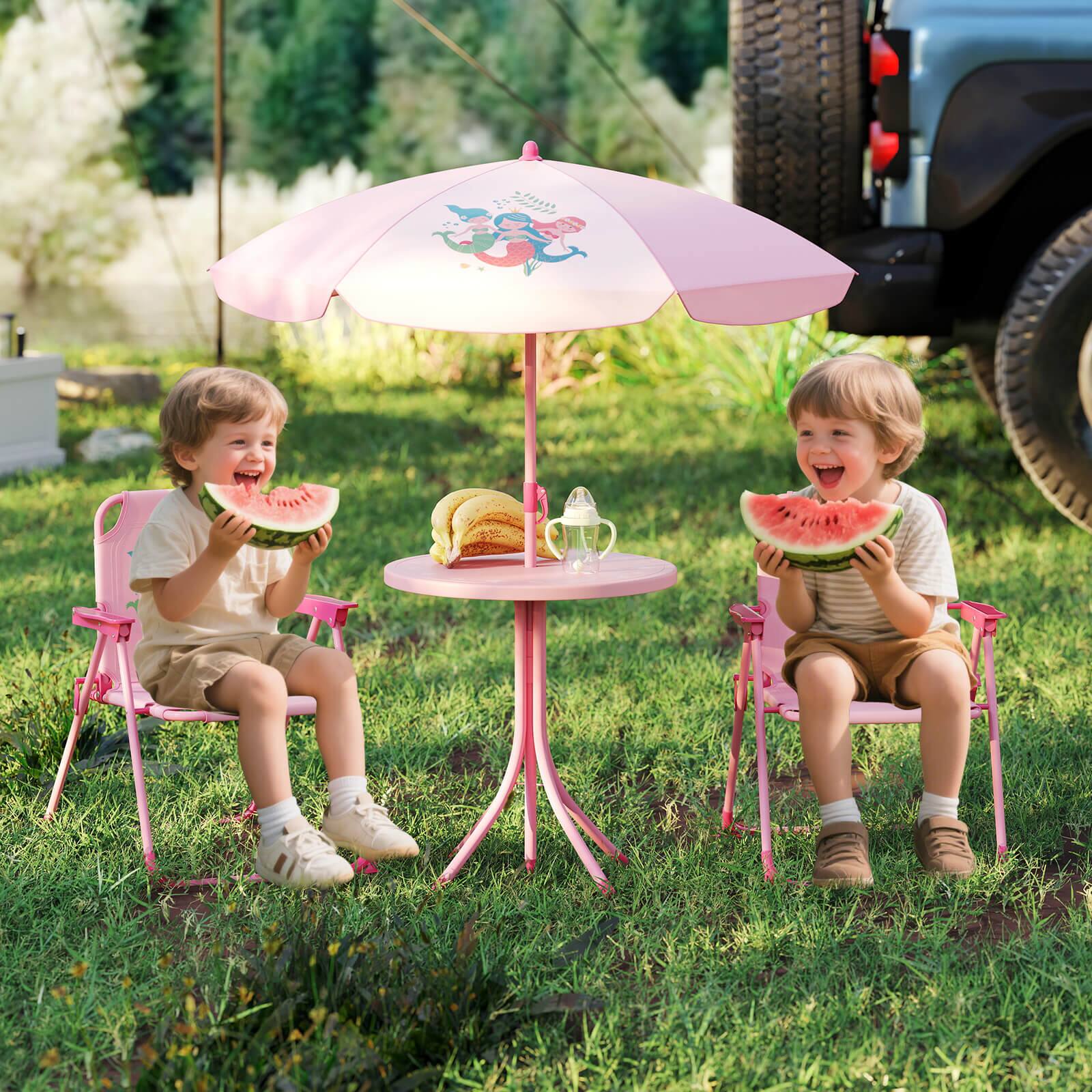 Alt View 3. Costway - Costway Kids Picnic Table & Chair Set with 2 Folding Chairs & Height Adjustable Umbrella - Pink.