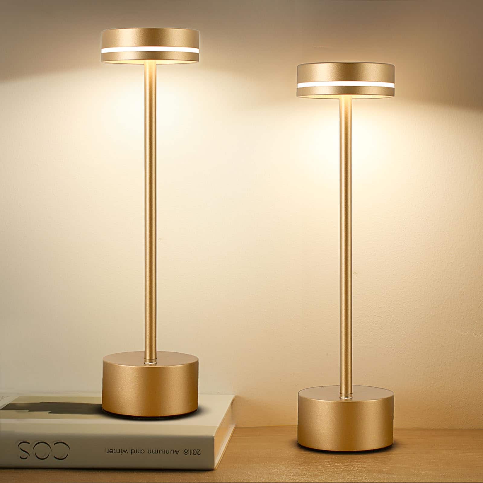 Dazzed Corner - 2 Pack LED Cordless Table Lamp Rechargeable, 3 Color Dimmable Light - Gold