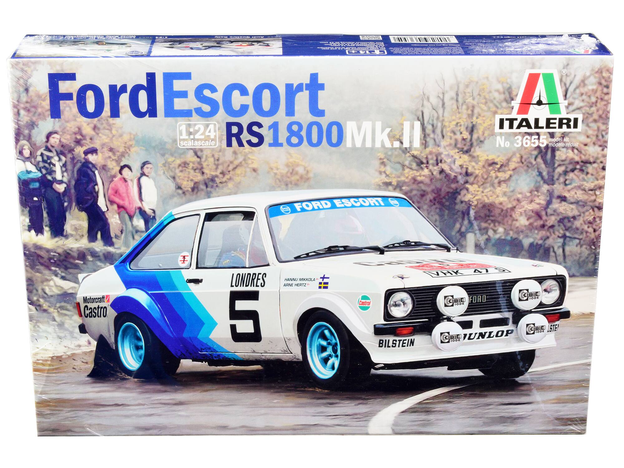Ford Escort  
1:24 scale  
RS1800 Mk.II  

ITALERI  
No. 3655  
model kit  
modèle réduit  

LONDRES 5  
HANNU MIKKOLA  
ARNE HERTZ  

Motorcraft  
Castrol  

BILSTEIN  
UNLOP  
BILSTEIN  

VHK 47  
FORD  
Castrol  
BILSTEIN  
UNLOP  
BILSTEIN