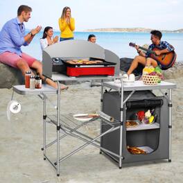 Mondawe - Foldable Outdoor BBQ Grilling Table w Windscreen & Bag Heat-Resistant Top 46 lbs Portable - Gray