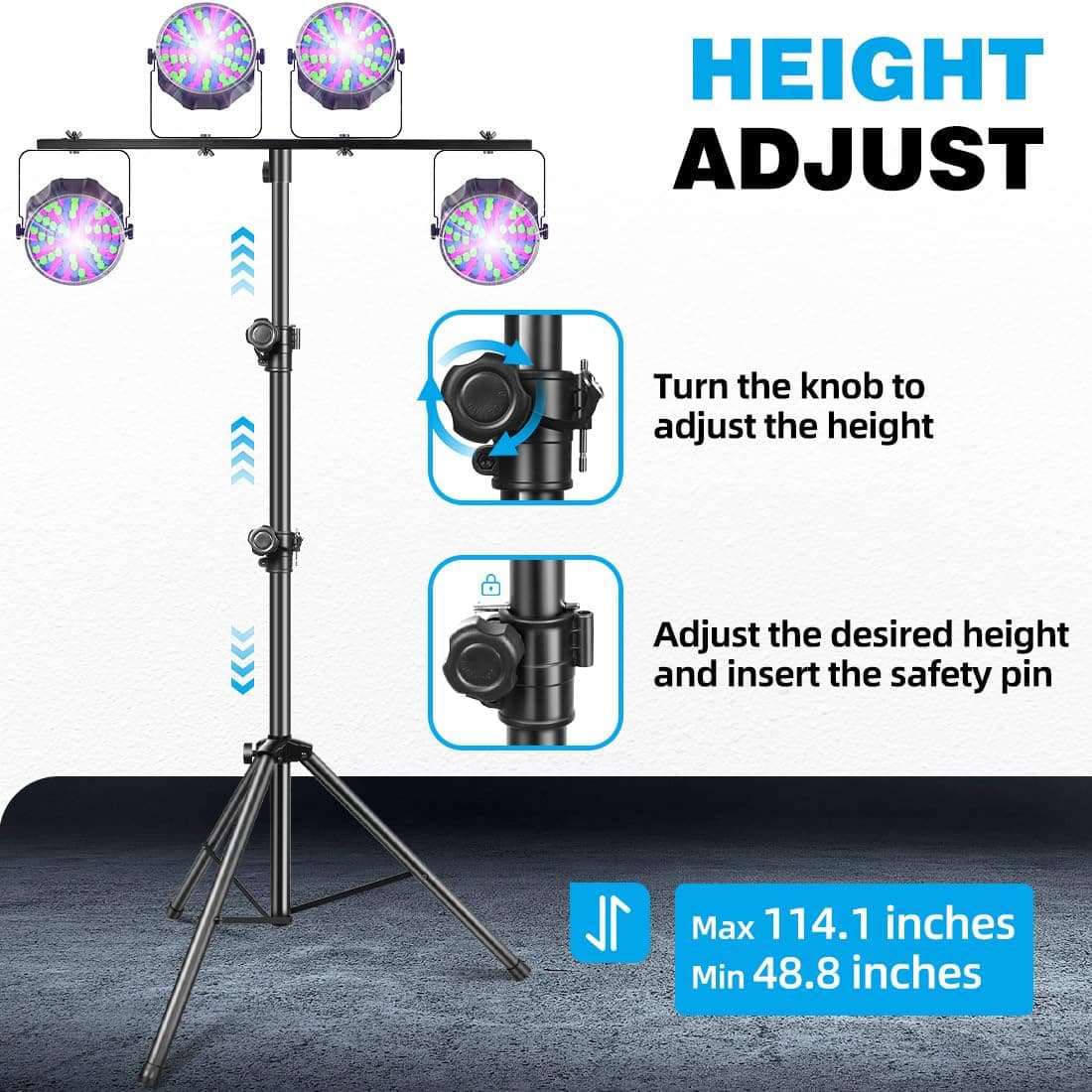 HEIGHT ADJUST

Turn the knob to adjust the height

Adjust the desired height and insert the safety pin

Max 114.1 inches
Min 48.8 inches