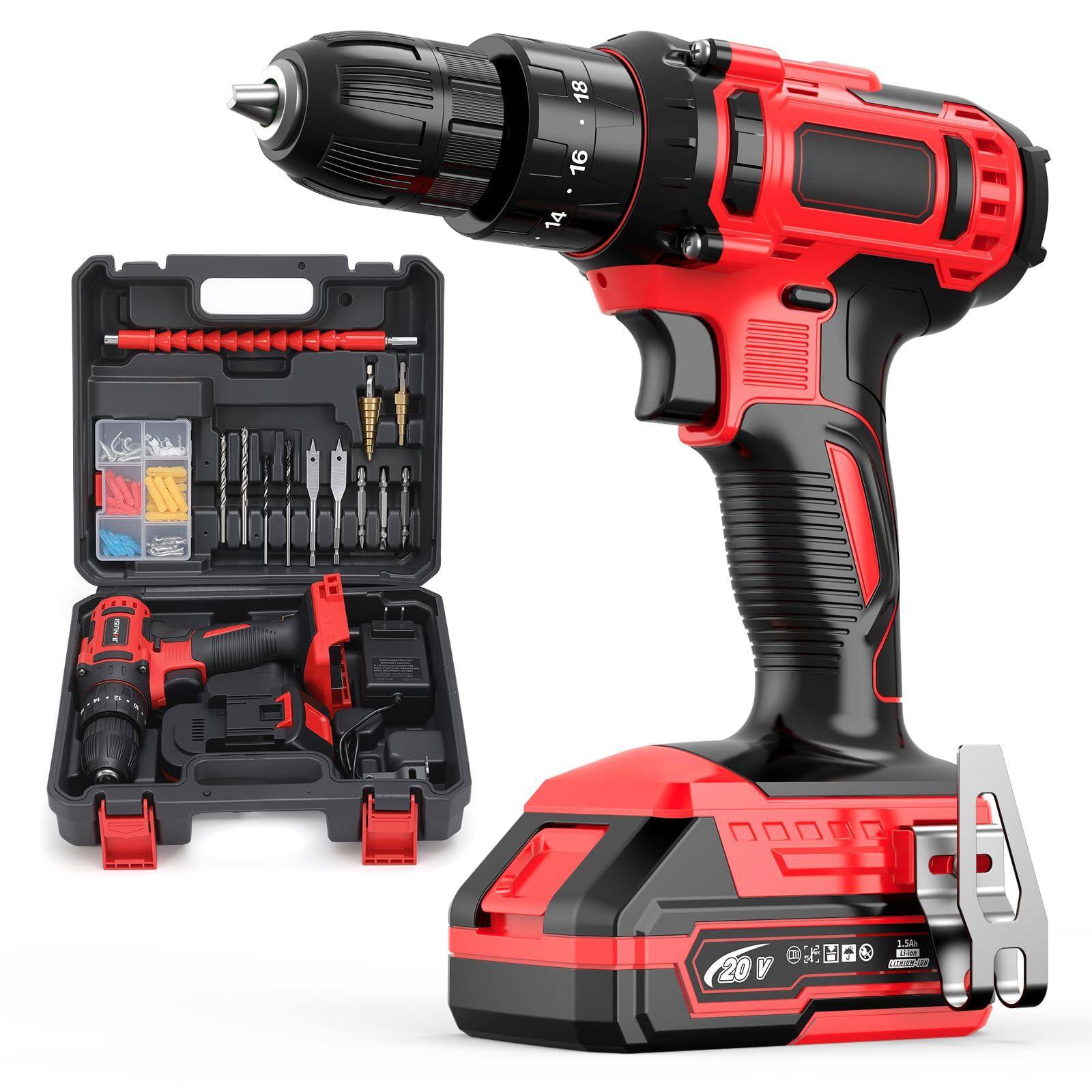 JETRANSPORT - 20v Cordless Drill Electric Power Set With 3 8 Keyless Chuck 2 Variable Speed 18 3 Torque 72pcs Driver - Red