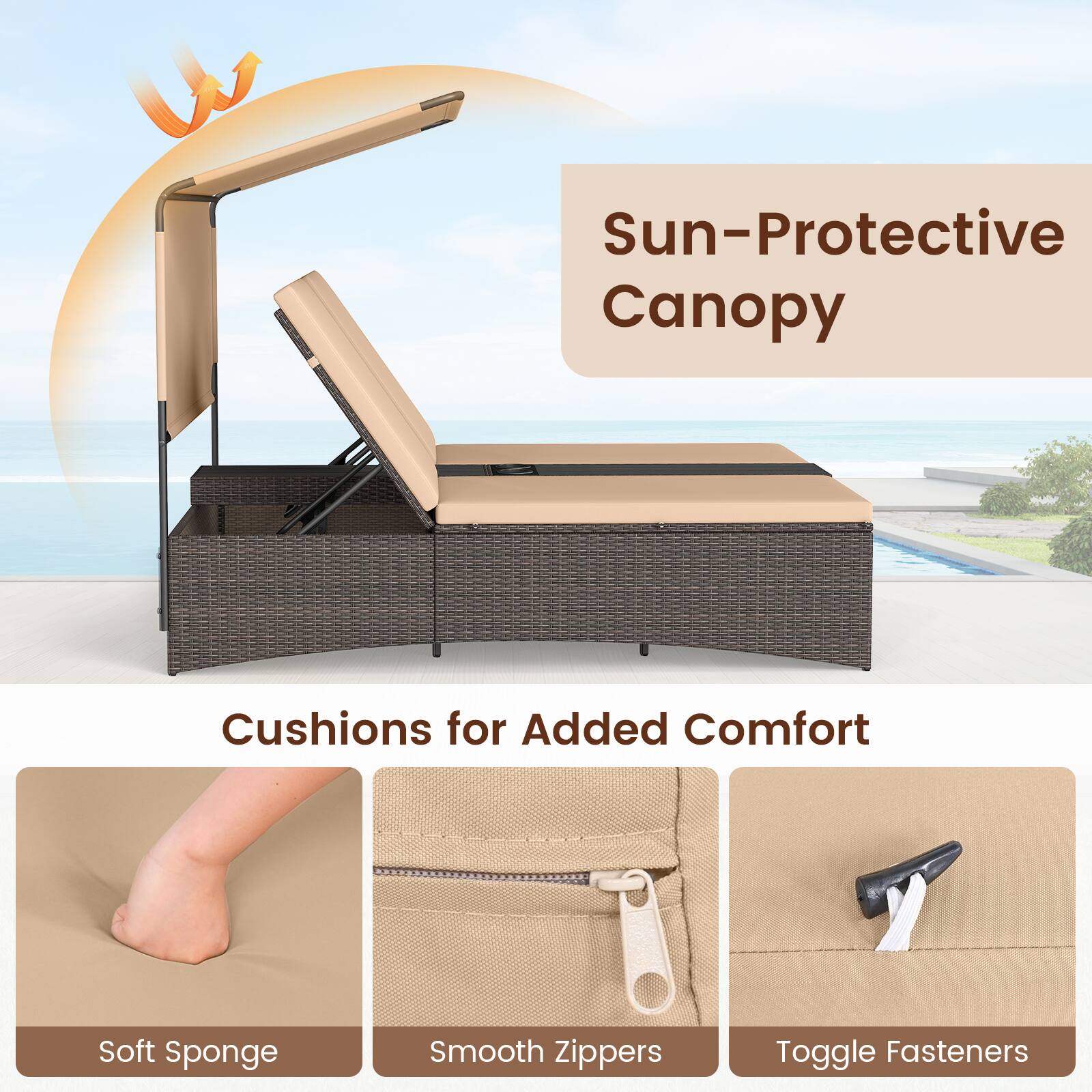Sun-Protective Canopy  
Cushions for Added Comfort  
Soft Sponge  
Smooth Zippers  
Toggle Fasteners