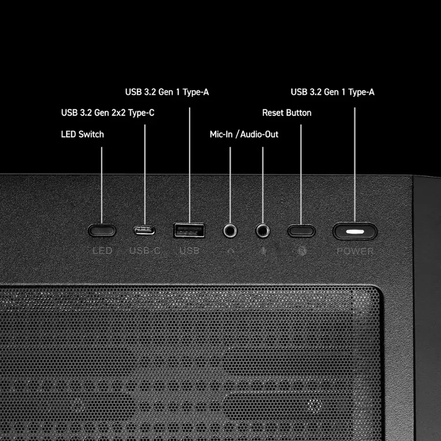 The text on the image is grouped as follows:

1. USB 3.2 Gen 1 Type-A
2. USB 3.2 Gen 1 Type-A
3. USB 3.2 Gen 2x2 Type-C
4. Reset Button
5. LED Switch
6. Mic-In / Audio-Out
7. LED USB.C
8. USB O
9. Power