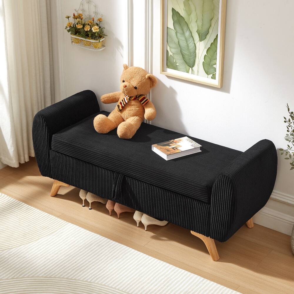 Alt View 1. Ropilly - Ropilly 57 Inch Black Corduroy Upholstered Storage Bench with Wood Legs, End of Bed Bench for Bedroom and Entryway - Black.