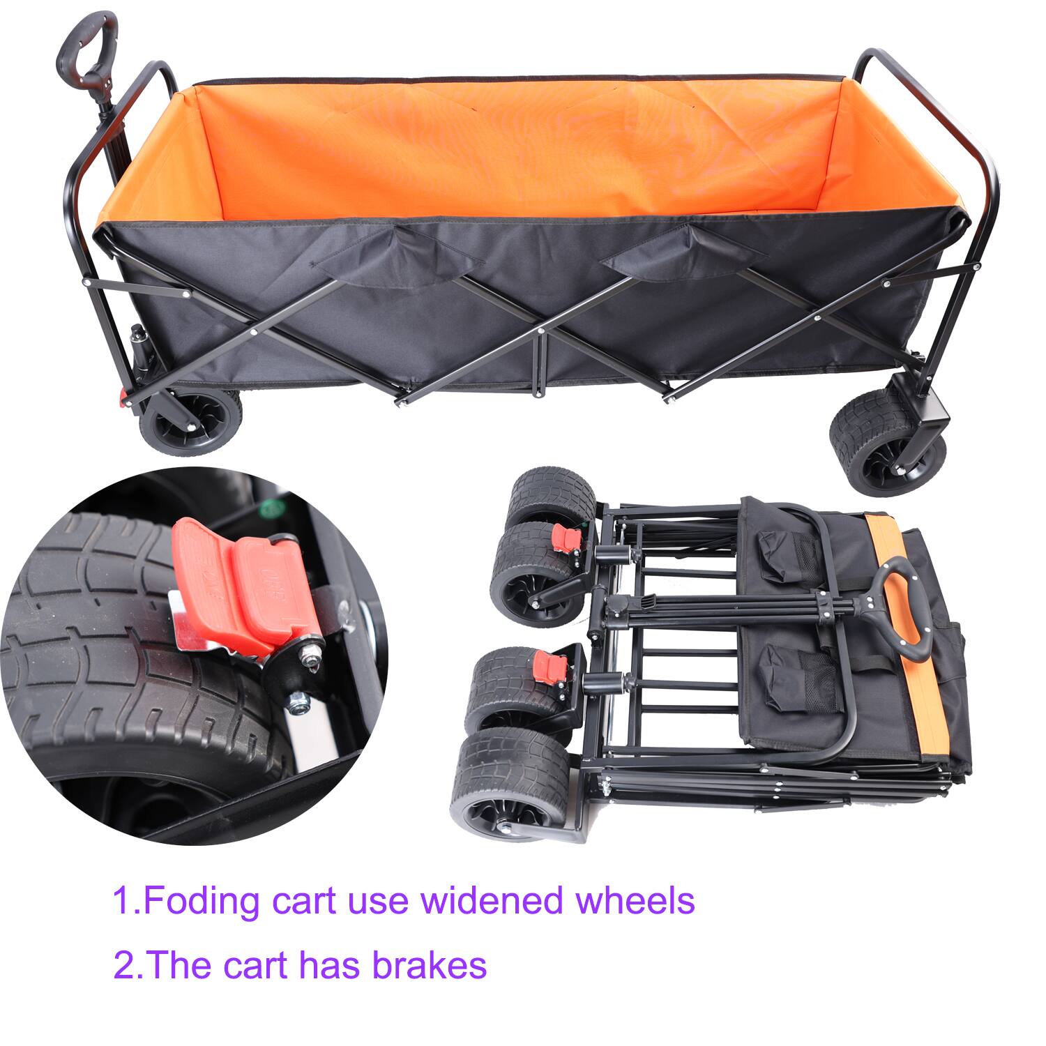 1. Folding cart uses widened wheels  
2. The cart has brakes