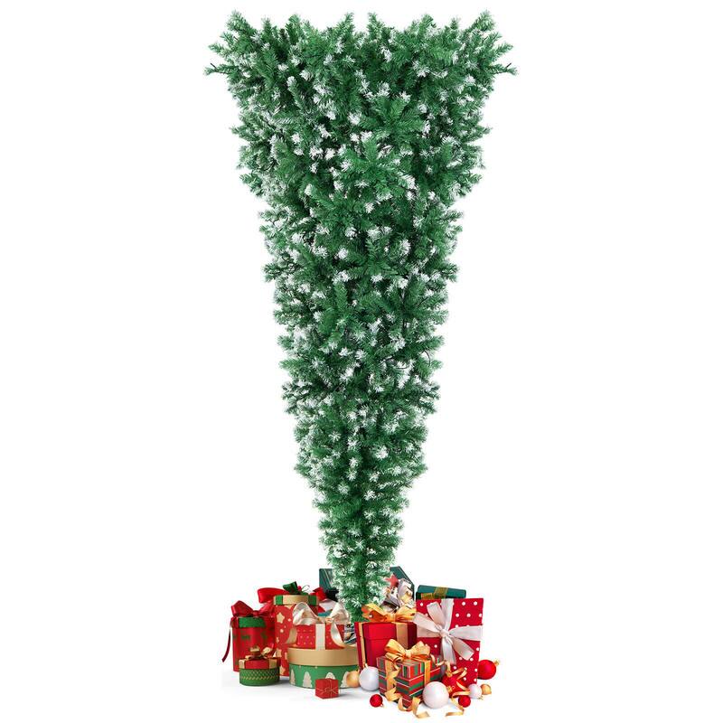 Alt View 3. WELLFOR - 7.5FT Pre-lit Upside Down Christmas Tree, Snow‑Flocked Artificial Tree w/400 Warm White LED Lights - Green.