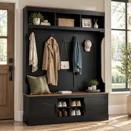 RYHNUYNE - VIBE HAUS 71 in Farmhouse Hall Tree, Entryway Bench, 7 Hooks, 4 Shoe Cubbies, 3 Top Cubbies, White - Black