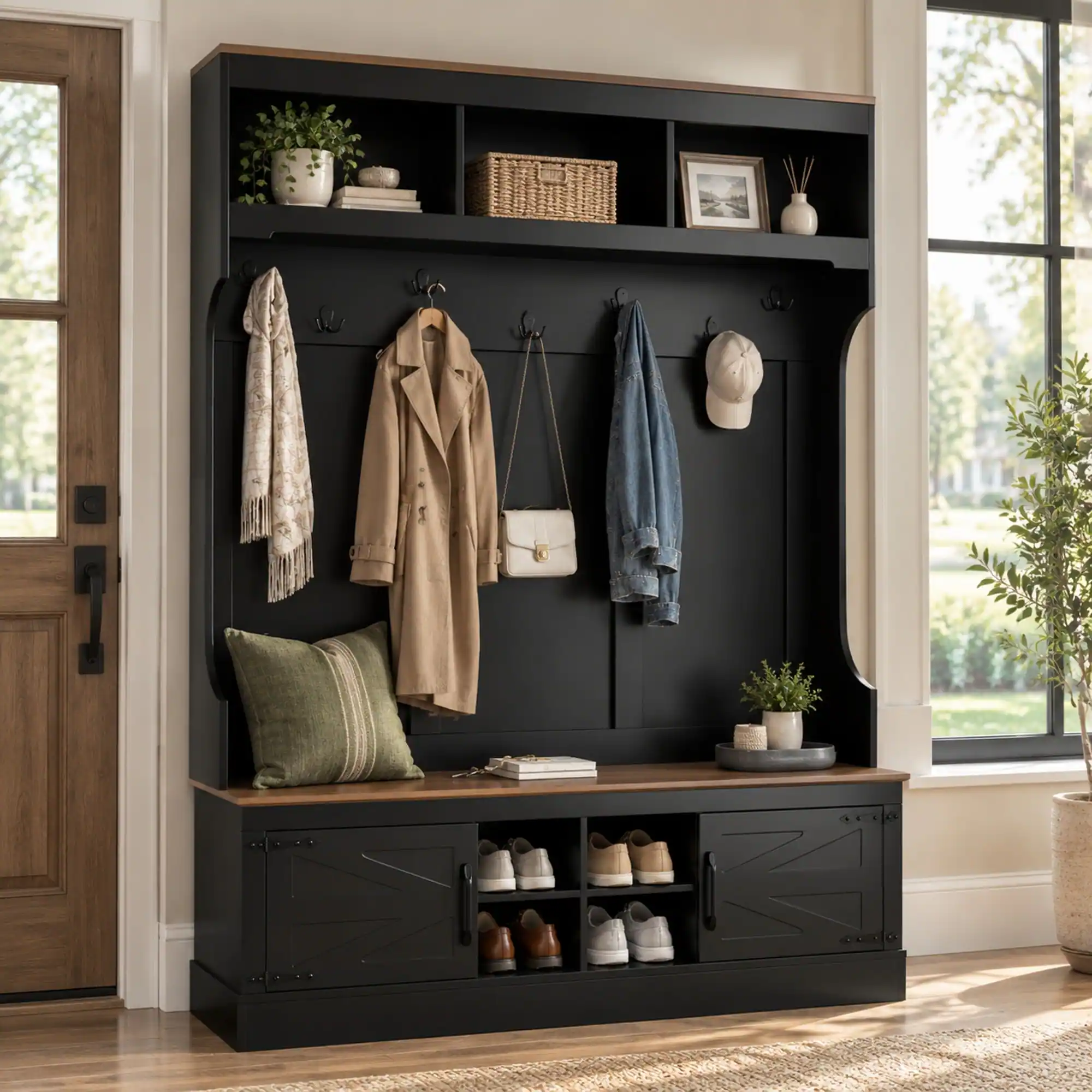 Front. RYHNUYNE - VIBE HAUS 71 in Farmhouse Hall Tree, Entryway Bench, 7 Hooks, 4 Shoe Cubbies, 3 Top Cubbies, White - Black.