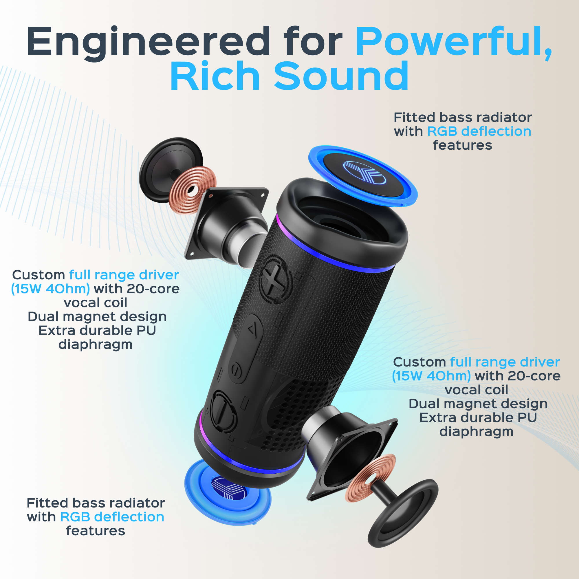 Engineered for Powerful, Rich Sound

- Custom full range driver (15W 40hm) with 20-core vocal coil
- Dual magnet design
- Extra durable PU diaphragm
- Fitted bass radiator with RGB deflection features