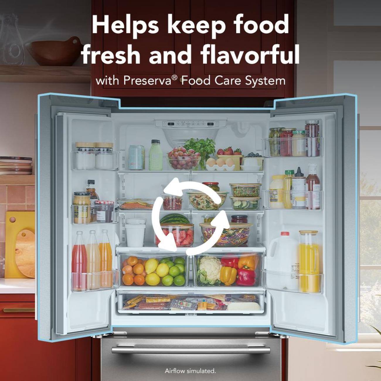 Helps keep food fresh and flavorful with Preserva® Food Care System Airflow simulated.