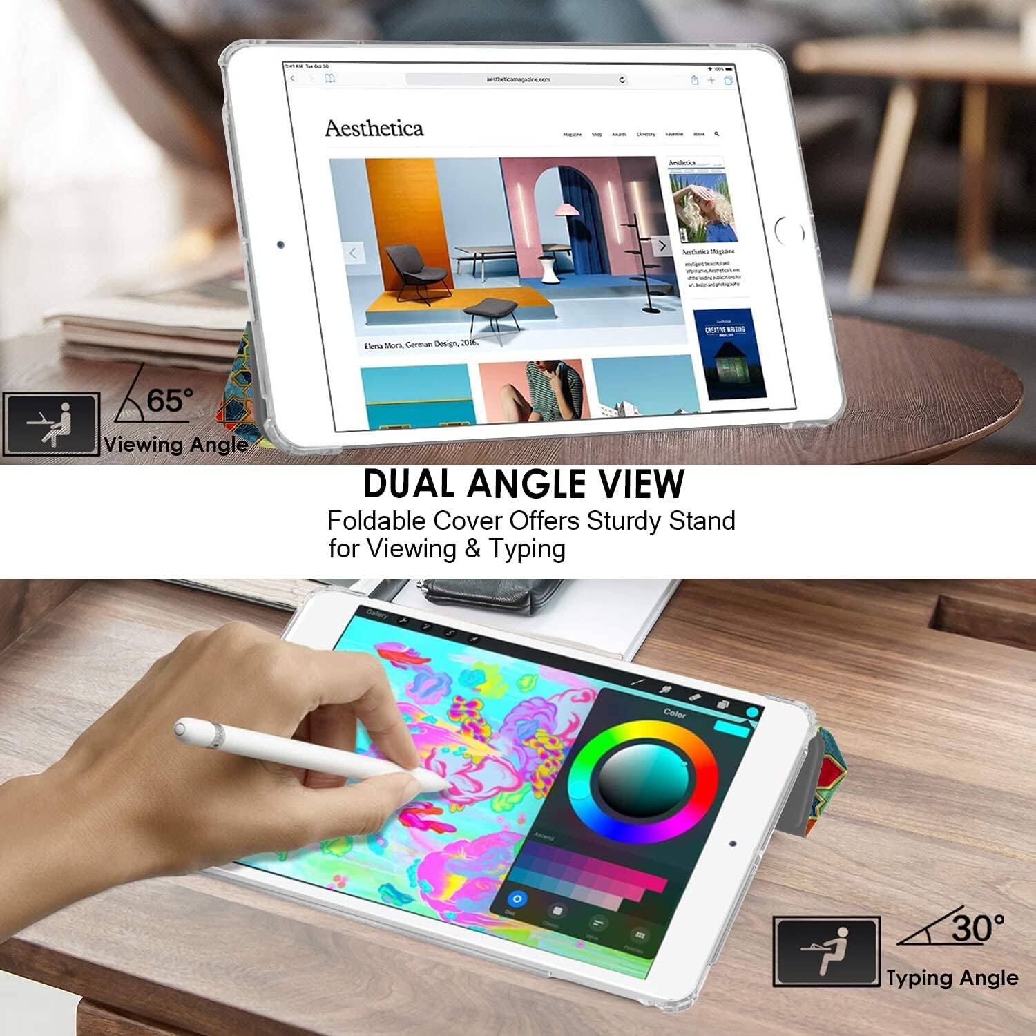 14% See-Den: 30  
westbelcampcline.com  
Aesthetica  
Dietary  
AM  
vara  
lective Magane  
infortincialiad www.faction escublition  
Elena Mera, Gerean Design, 2016.  
65  
Viewing Angle  
DUAL ANGLE VIEW Foldable Cover Offers Sturdy Stand for Viewing & Typing  
Color  
30  
Typing Angle