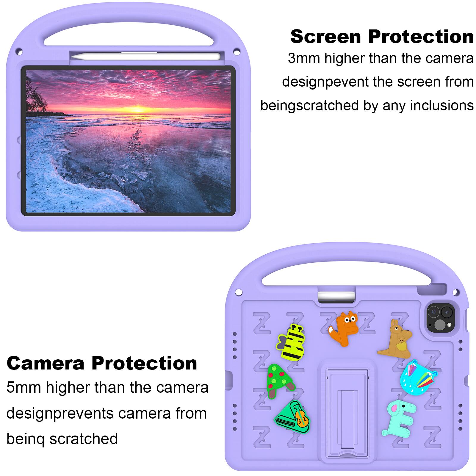 Screen Protection  
3mm higher than the camera design prevents the screen from being scratched by any inclusions

Camera Protection  
5mm higher than the camera design prevents the camera from being scratched