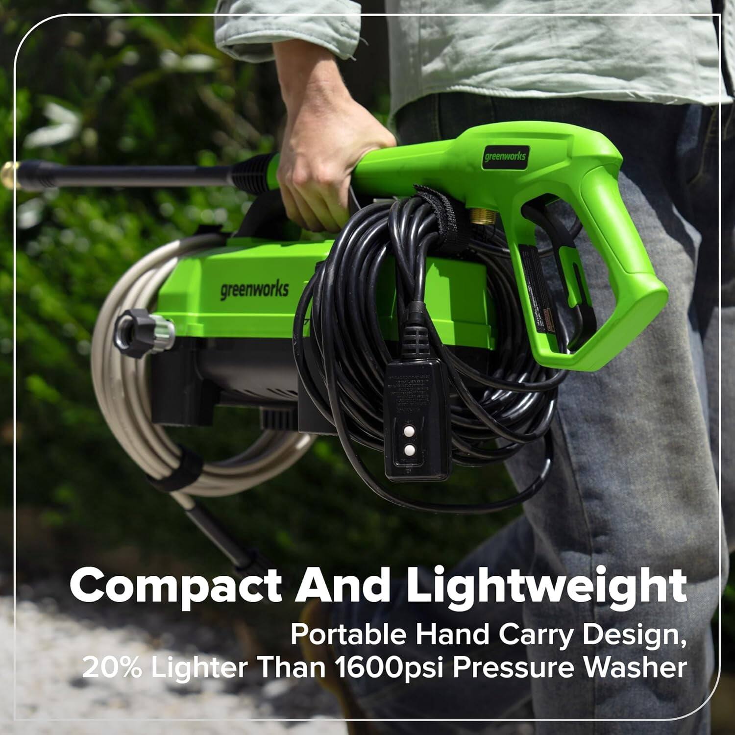 greenworks Compact And Lightweight Portable Hand Carry Design, 20% Lighter Than 1600psi Pressure Washer