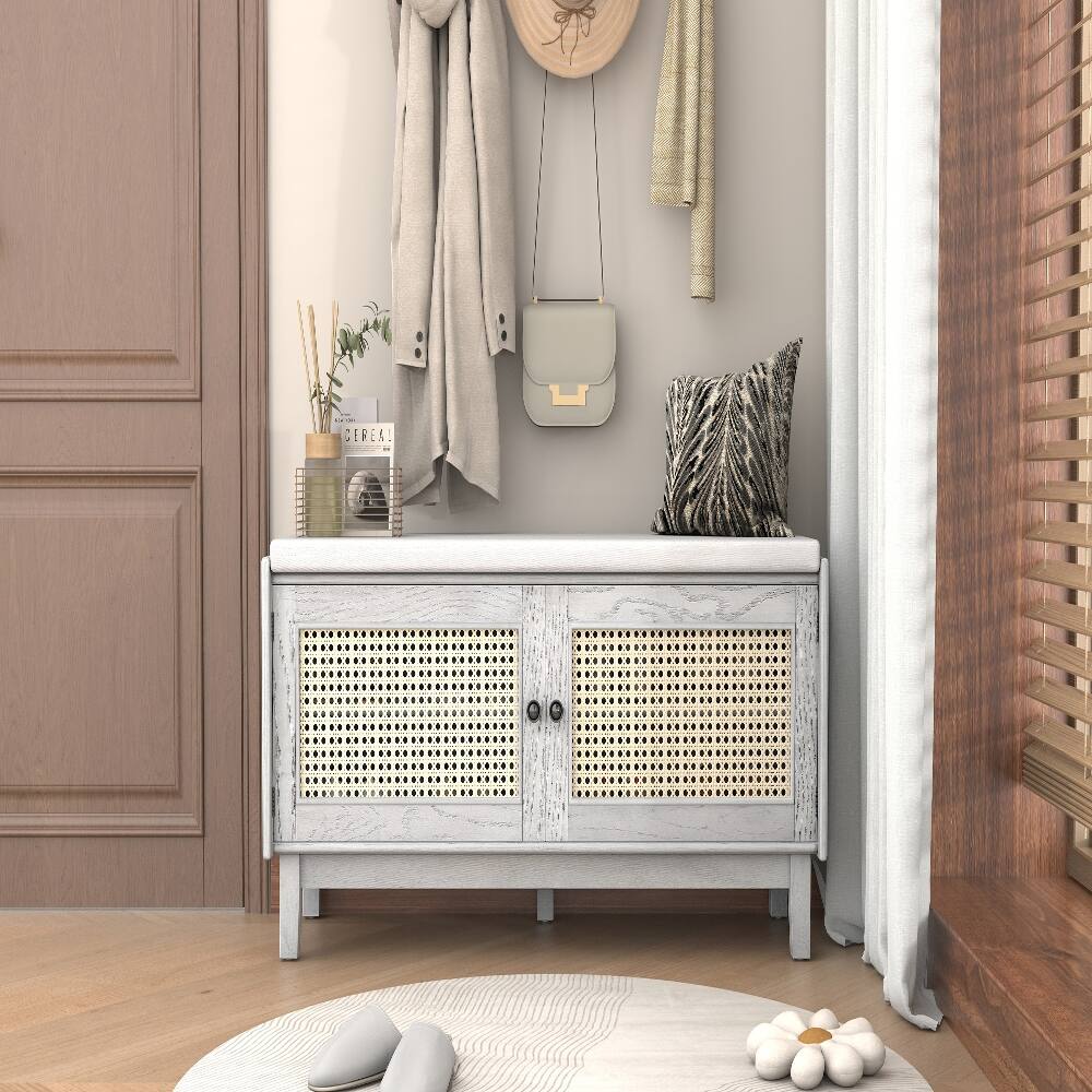 Left. Ropilly - Ropilly Boho Rattan Entryway Bench Cushioned Shoe Storage Bench with Double Doors Wooden Hallway Organizer Gray Wash - Gray Wash.