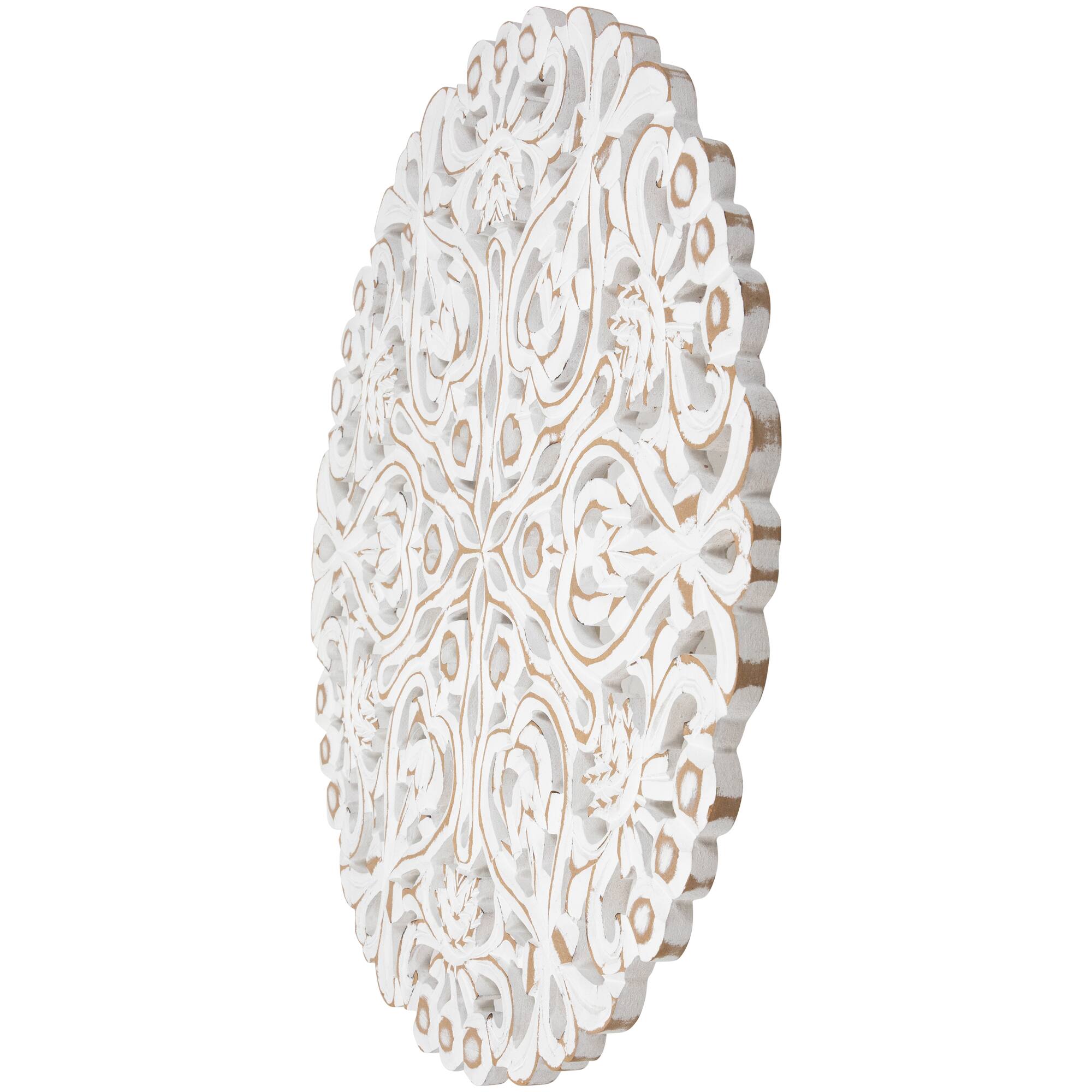 Alt View 3. Northlight - 24" Brushed Antique White Damask Round Wall Panel - White.