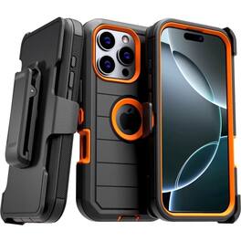 RomeTech - Defender Case for iPhone 16 Pro with Belt Clip, Kickstand, Dual-Layer, Black/Orange - Black Orange