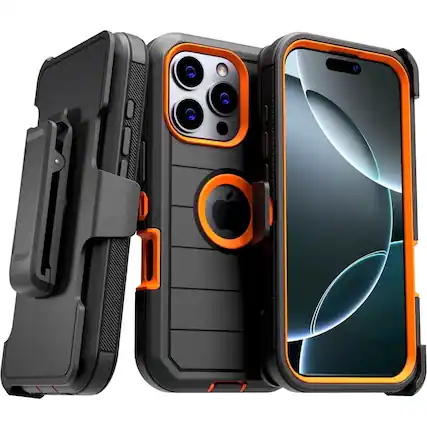 Front. RomeTech - Defender Case for iPhone 16 Pro with Belt Clip, Kickstand, Dual-Layer, Black/Orange - Black Orange.