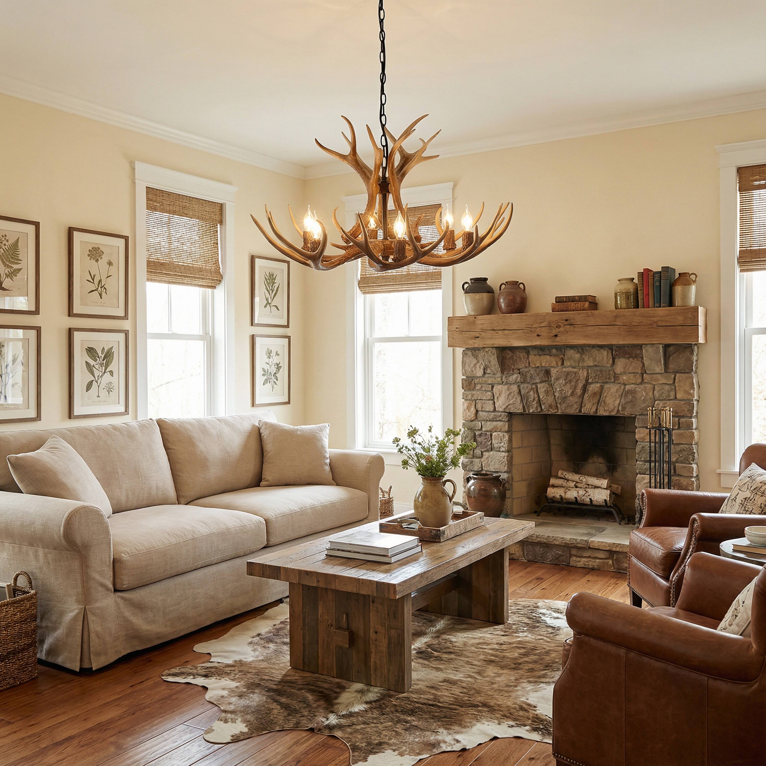 Alt View 9. Jonathan Y - Eldora 33" 6-Light Rustic Farmhouse Adjustable Resin Antler LED Chandelier, Brown - Brown.