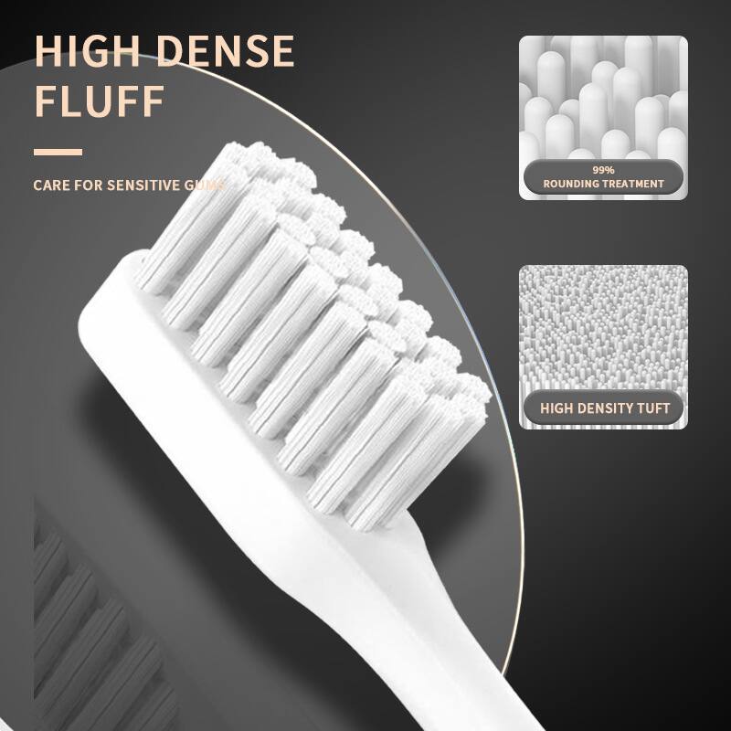 HIGH DENSE FLUFF  
CARE FOR SENSITIVE GUMS  

99% ROUNDING TREATMENT  
HIGH DENSITY TUFT