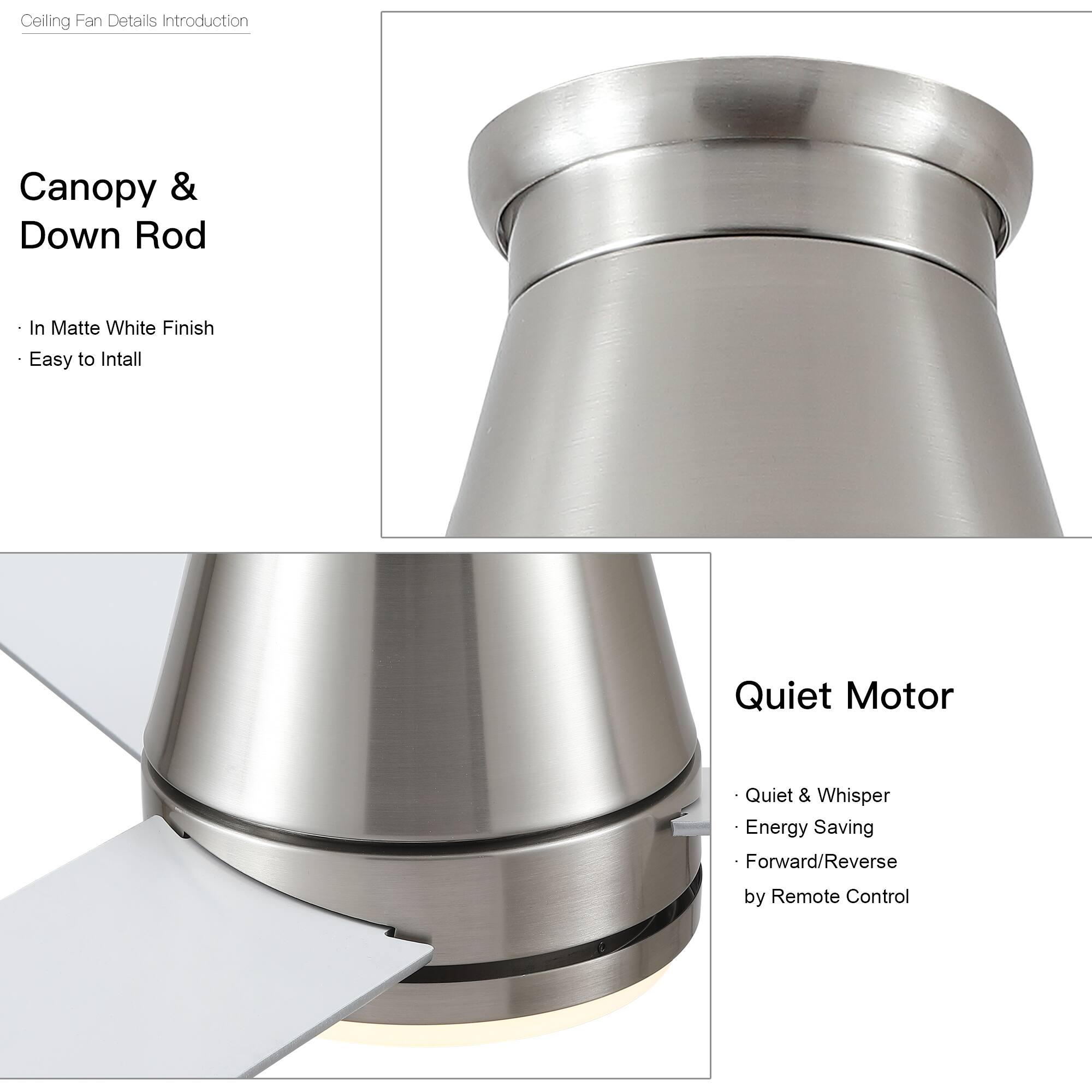Ceiling Fan Details Introduction

Canopy & Down Rod
- In Matte White Finish
- Easy to Install

Quiet Motor
- Quiet & Whisper
- Energy Saving
- Forward/Reverse by Remote Control
