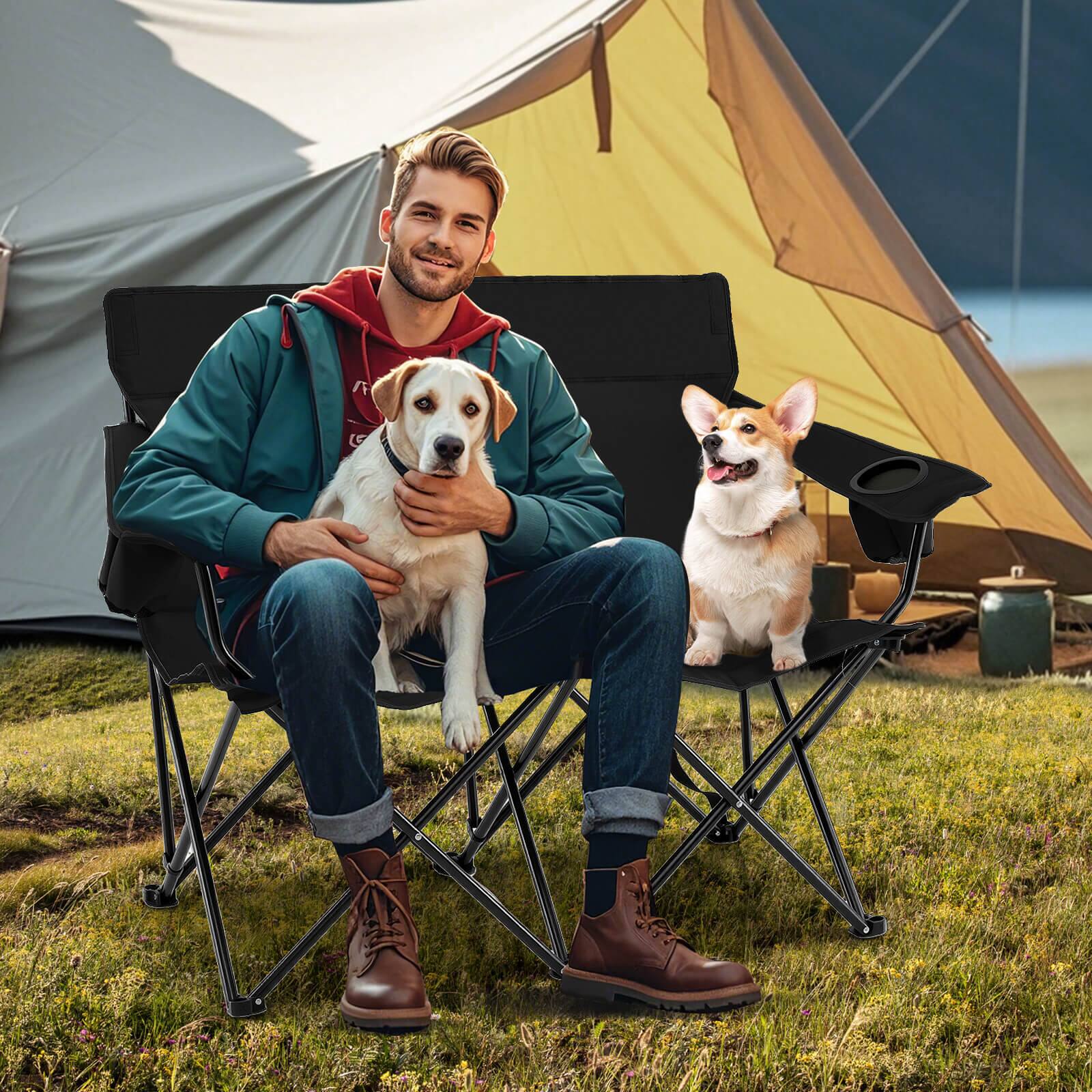 Alt View 3. Costway - Costway 2-Person Outdoor Folding Loveseat with Cup Holders Armrests Carrying Bag - Black.