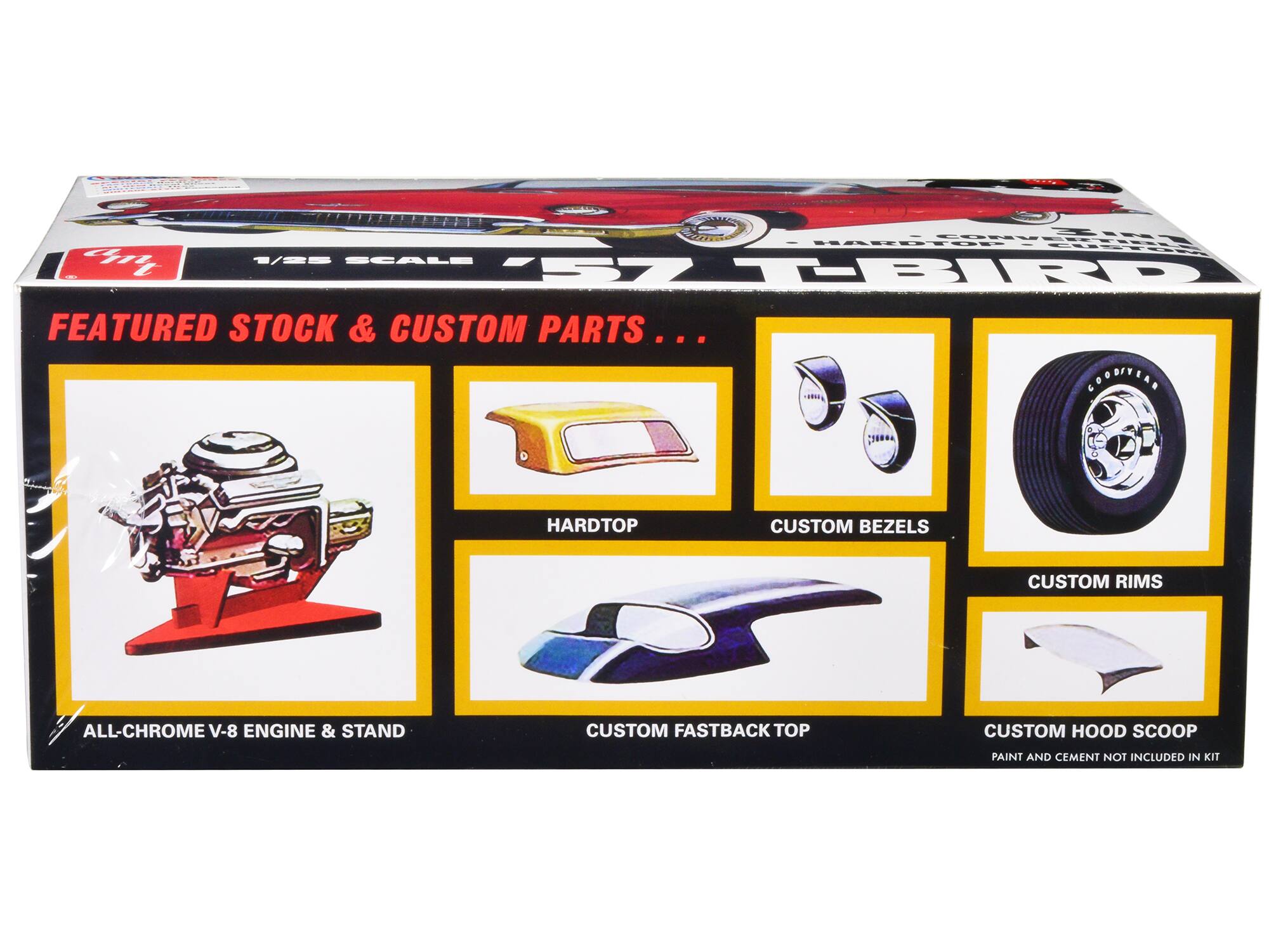 Sure, here is the corrected and grouped text from the image:

---

**Featured Stock & Custom Parts...**

- **All-Chrome V-8 Engine & Stand**
- **Hardtop**
- **Custom Bezels**
- **Custom Rims**
- **Custom Fastback Top**
- **Custom Hood Scoop**

*Paint and Cement Not Included in Kit*

---

This text is organized to reflect the items and features highlighted on the packaging.