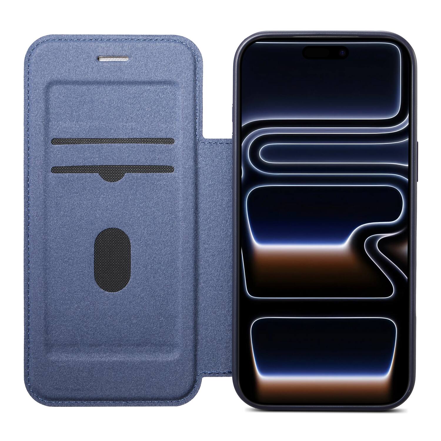 Angle. Dteck - Ultra-Thin Faux Leather Card Slot Case for Apple iPhone 17 Pro Max,Wireless Charging,Flip Card Pocket Phone Cover - Blue.