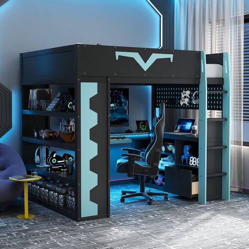 Angle. Anysun - Full Size Gaming Loft Bed with Desk & RGB Lights - Pro-Gamer Bed with Power Outlet, Bookshelf, Pegboard & Storage Drawer - Blue.