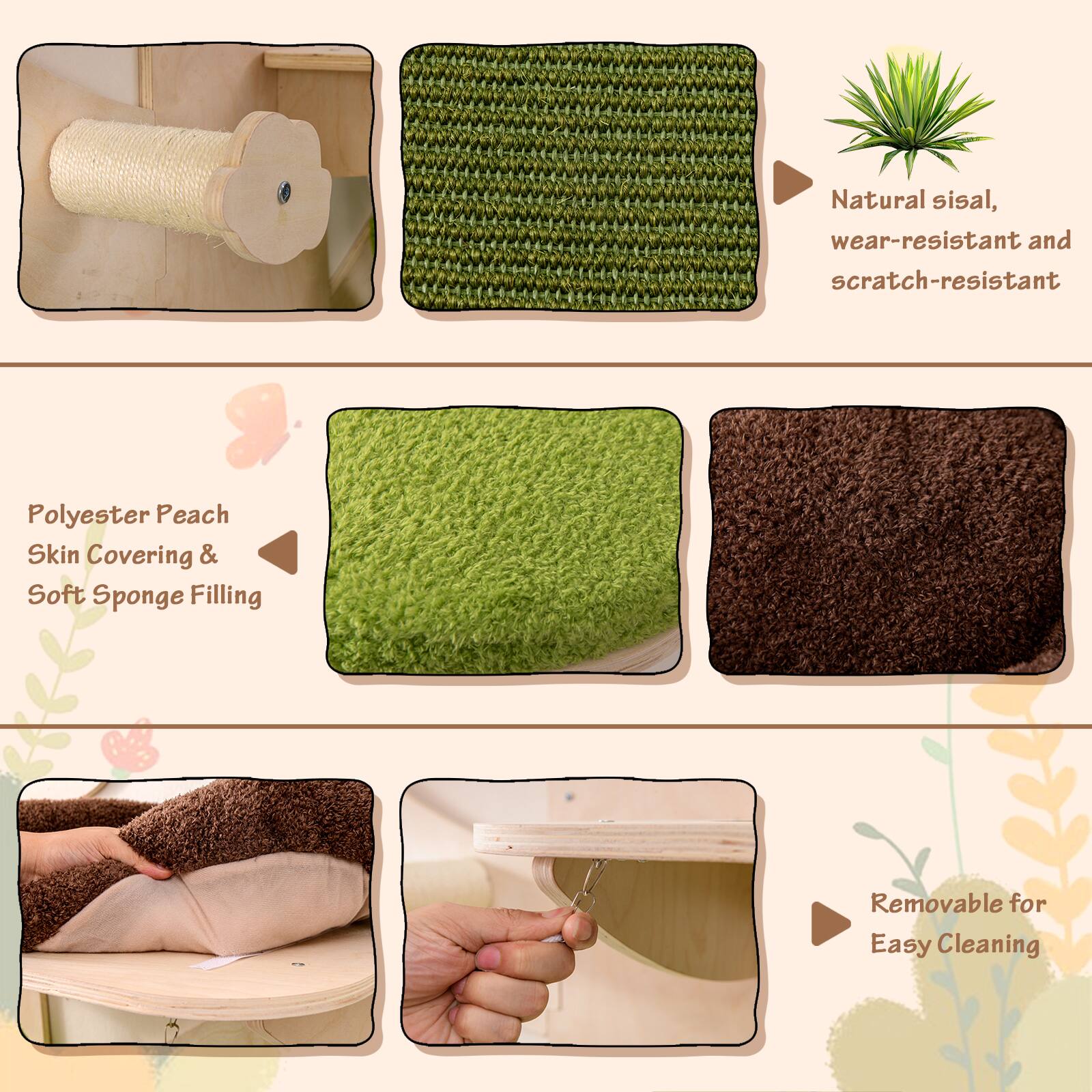 Natural sisal, wear-resistant and scratch-resistant

Polyester Peach Skin Covering & Soft Sponge Filling

Removable for Easy Cleaning