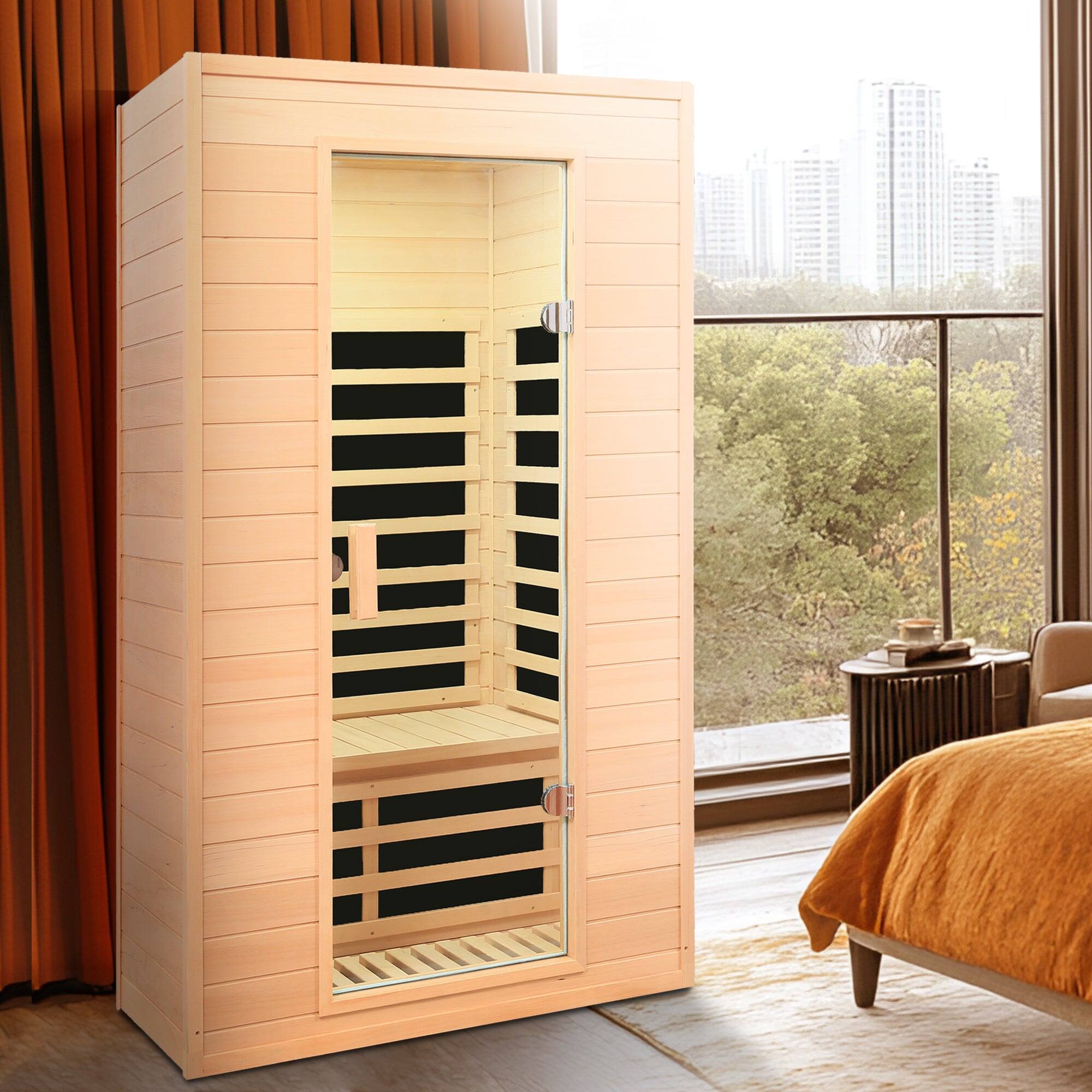 Alt View 3. Boyel Living - Hemlock Two-Person Far Infrared Indoor Sauna with Bluetooth and LED Lights - Natural Wood.